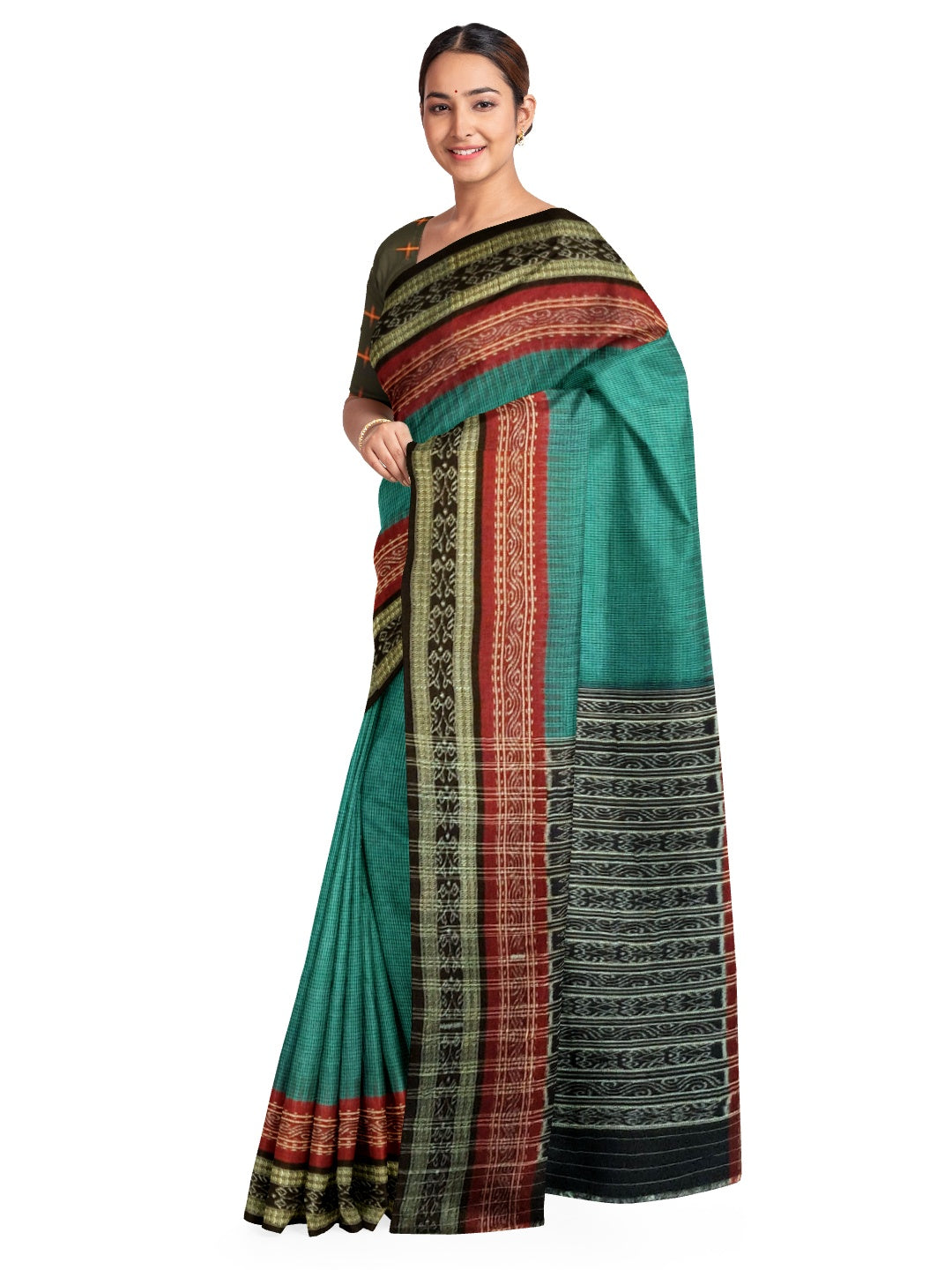 Green double order Sachipar Nuapatna Cotton Ikat saree with sambalpuri ikat blouse piece