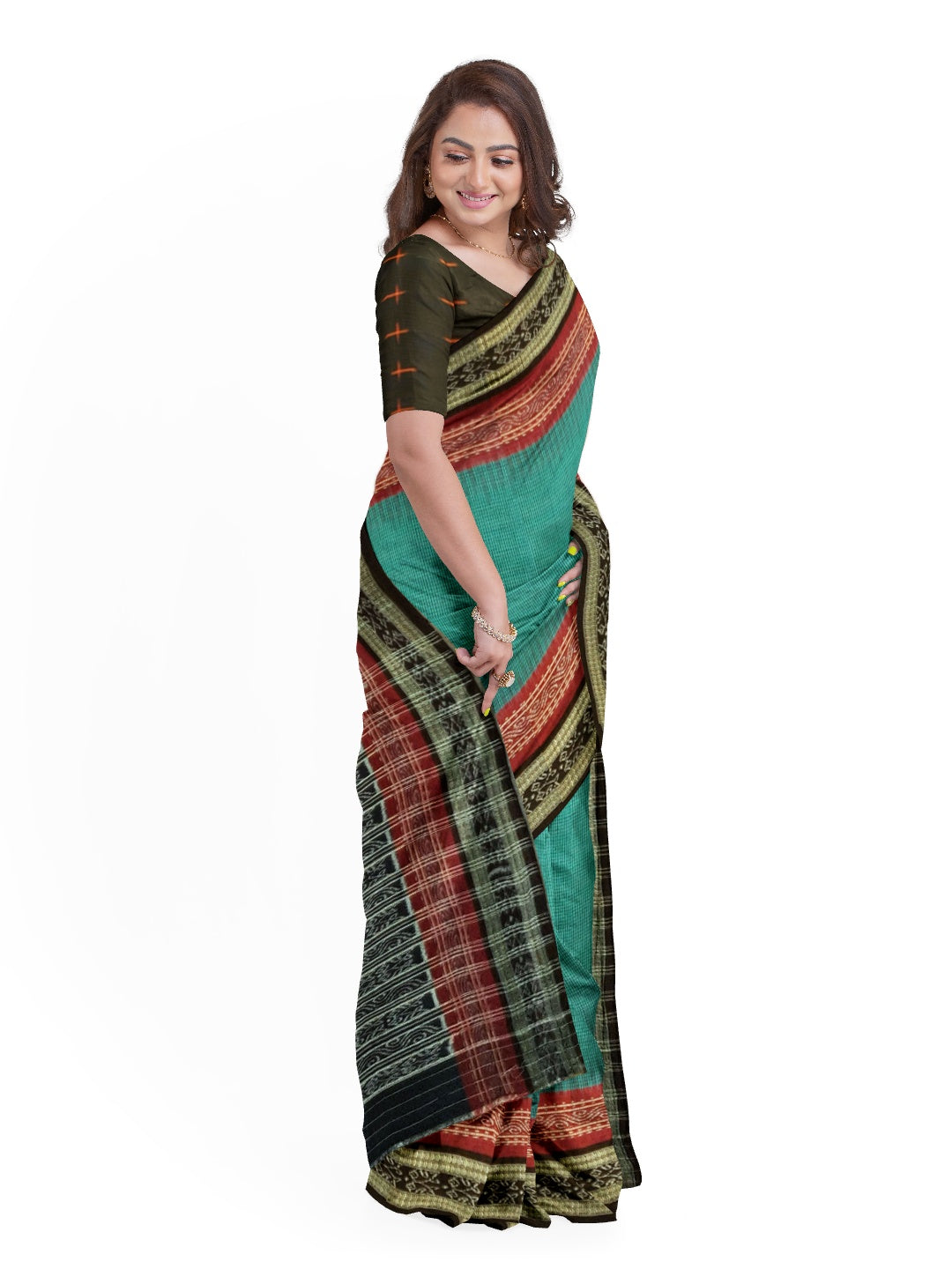 Green double order Sachipar Nuapatna Cotton Ikat saree with sambalpuri ikat blouse piece