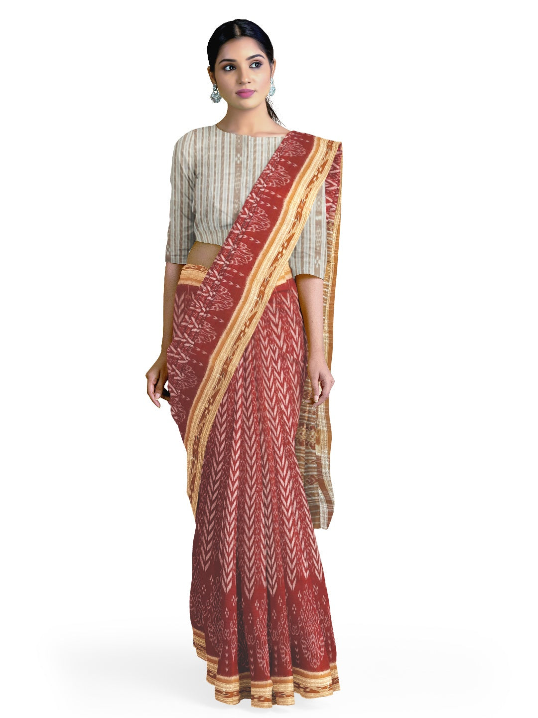 Maroon and Rust Cotton Odisha Ikat saree  with mix match cotton ikat blouse piece
