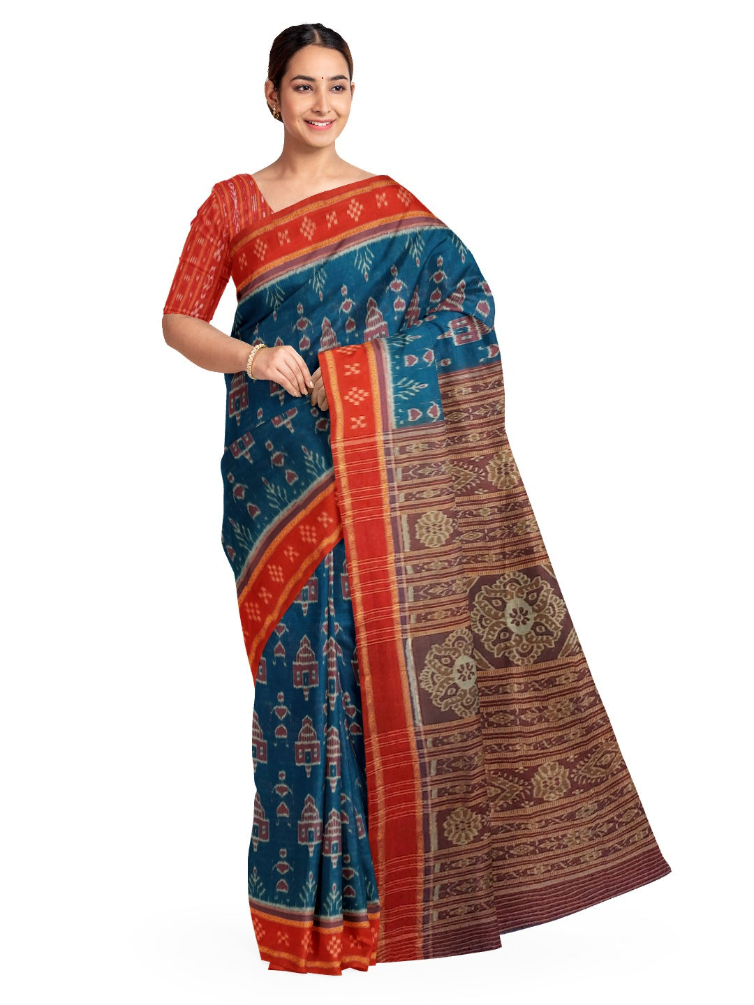 Blue and Red Odisha Ikat saree with matching cotton ikat blouse piece