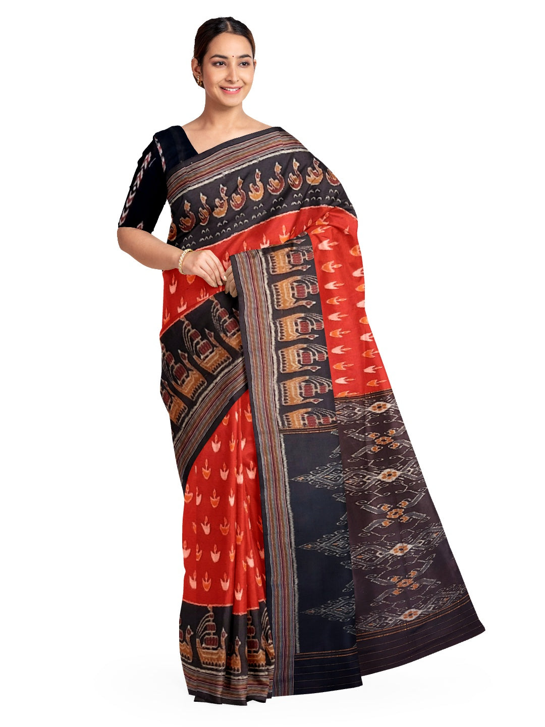 Red Cotton wide border Odisha Ikat saree with cotton Sambalpuri ikat blouse piece