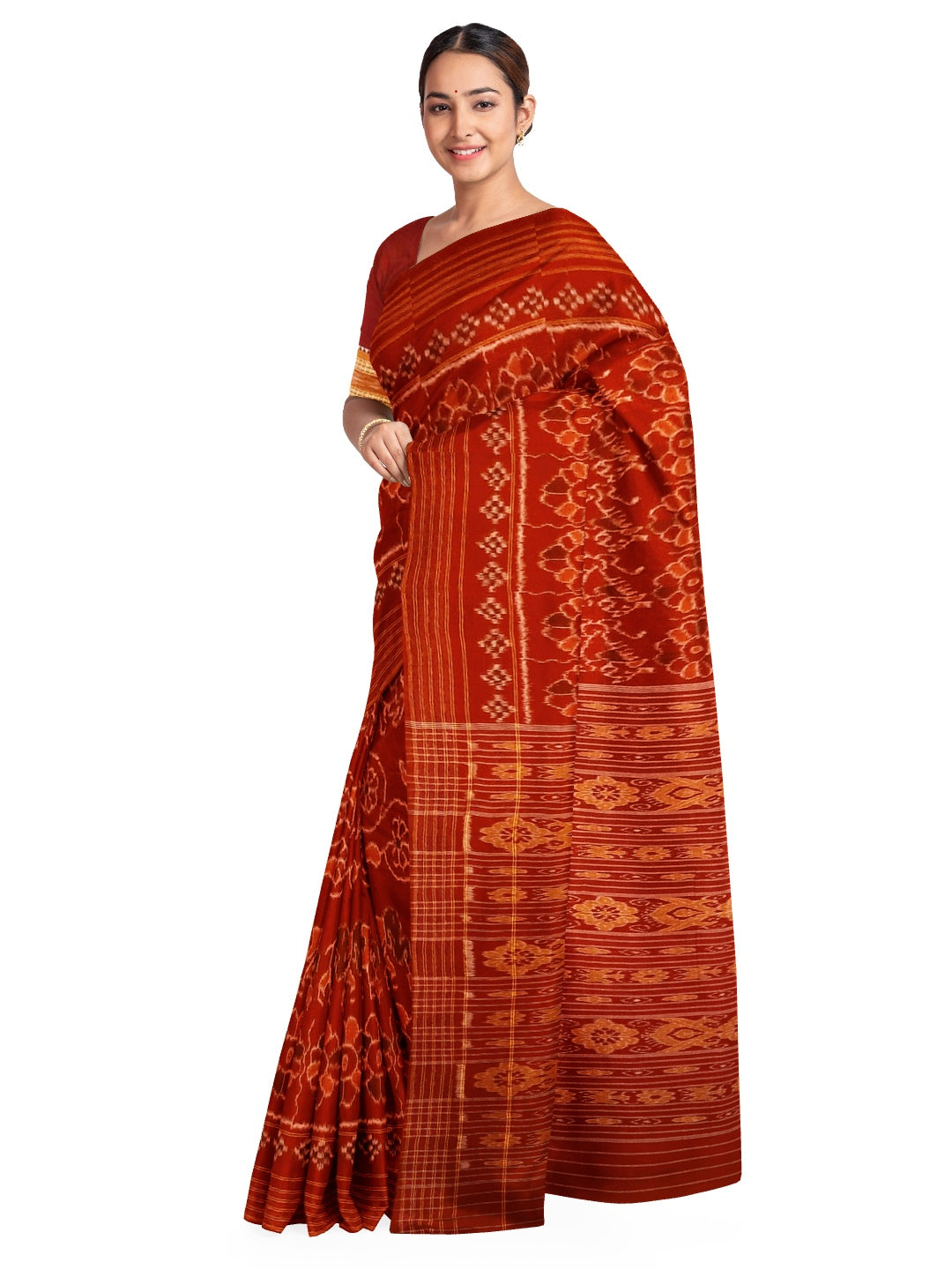 Rust Cotton Khandua Odisha Ikat saree with cotton Sambalpuri ikat blouse piece