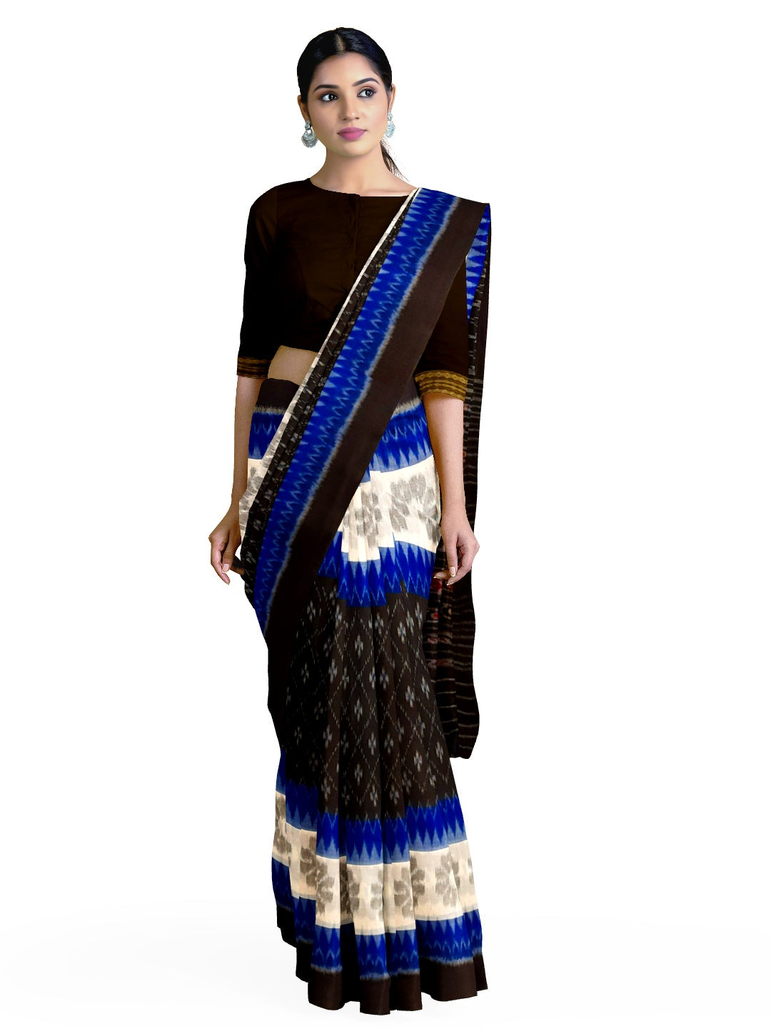 Black Cotton Odisha Ikat saree with cotton Sambalpuri ikat blouse piece