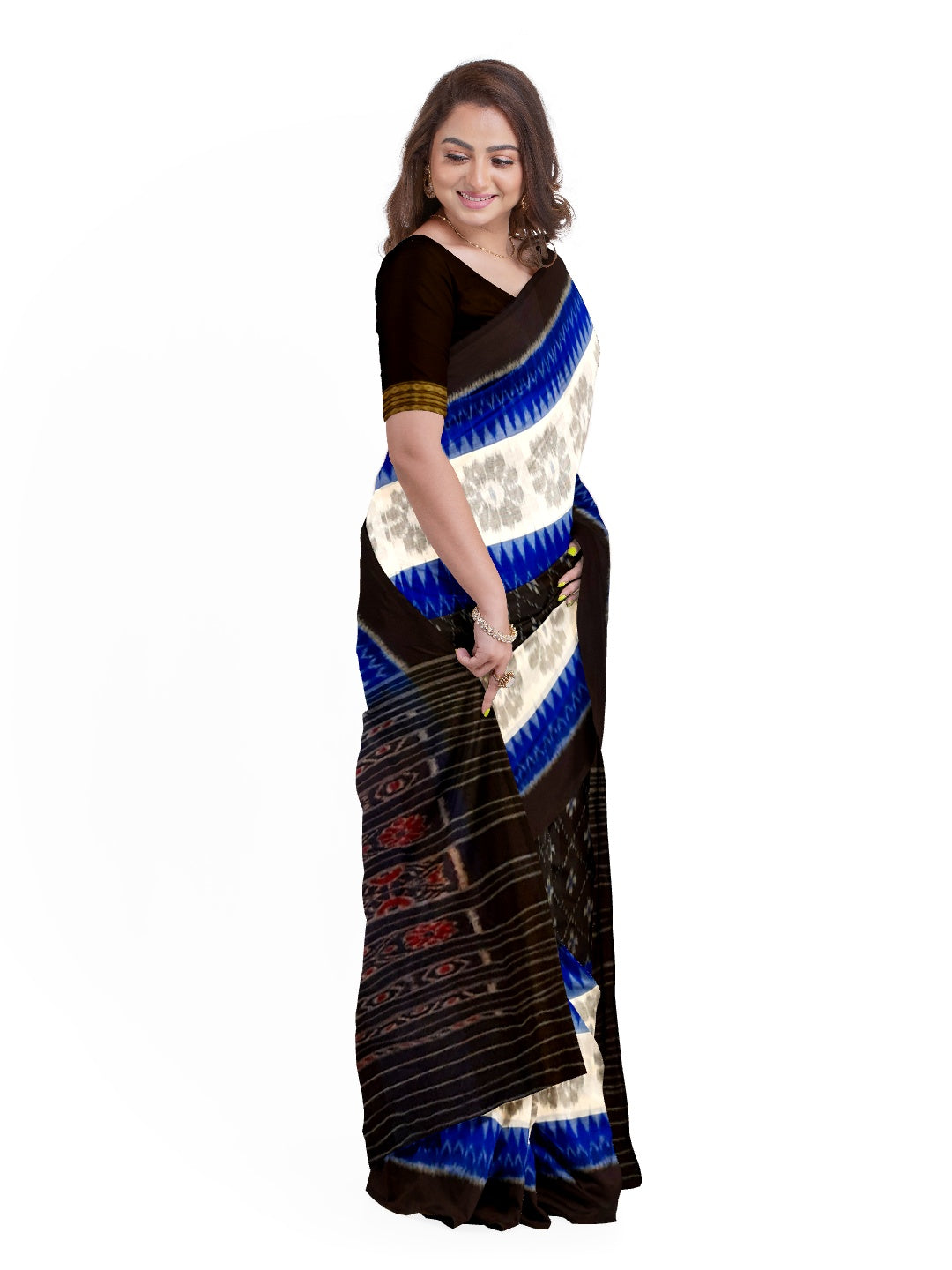 Black Cotton Odisha Ikat saree with cotton Sambalpuri ikat blouse piece