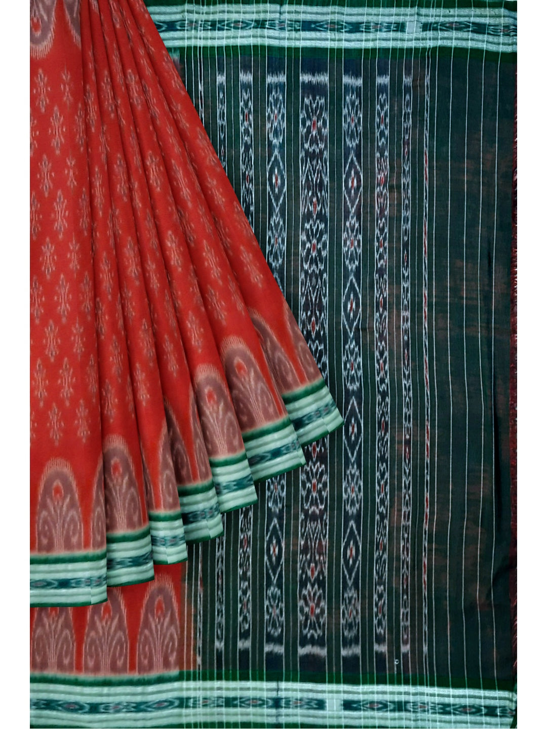 Red Cotton Odisha Ikat saree with cotton Sambalpuri ikat blouse piece