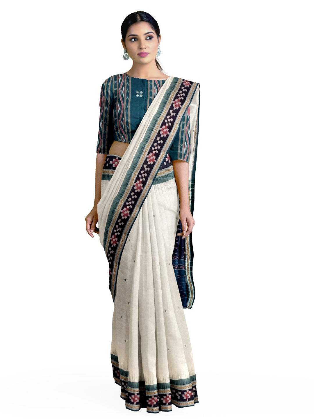 White Cotton Odisha Ikat Saree with mix match Sambalpuri ikat blouse piece