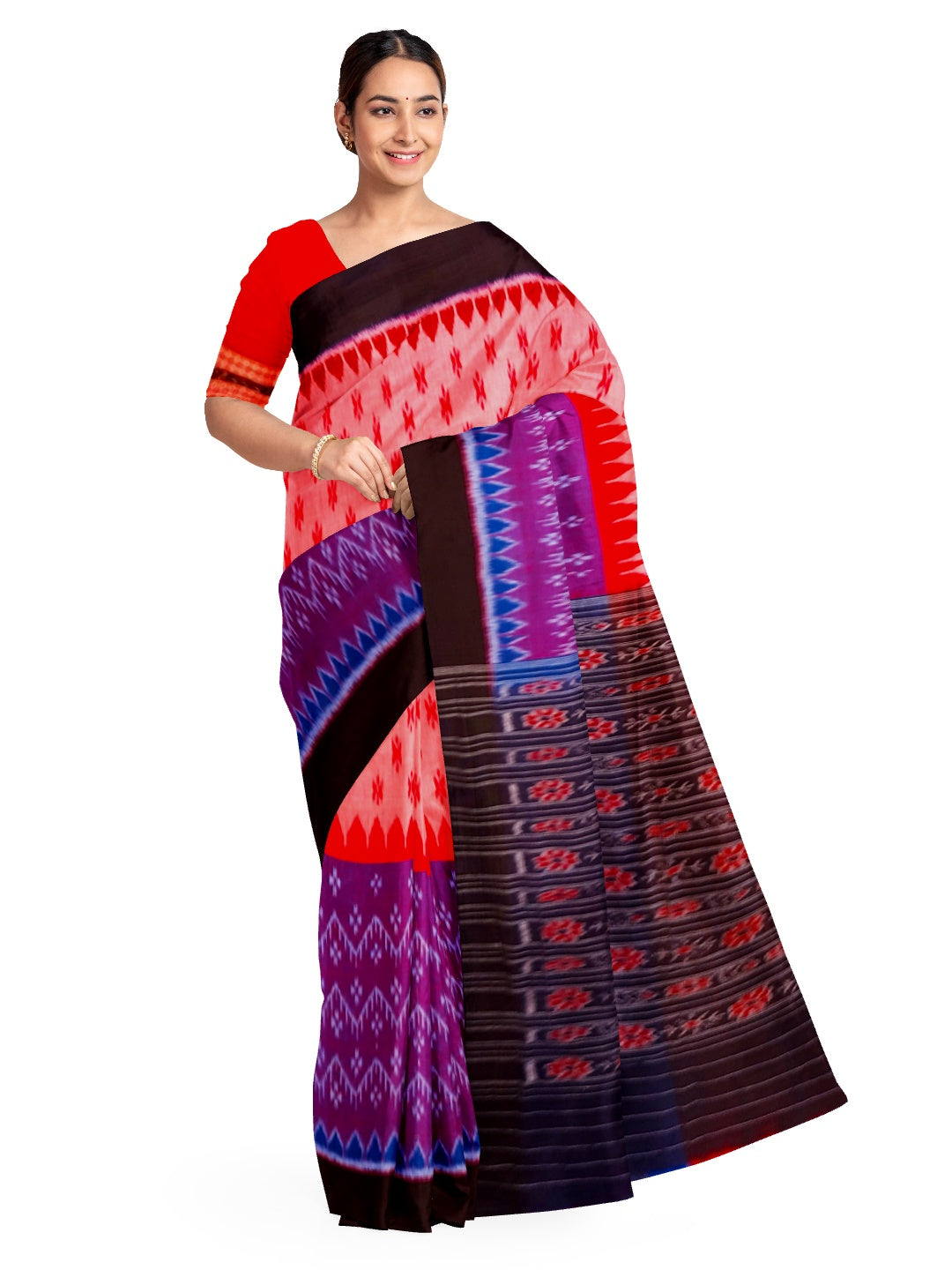 Pink and Purple half half Cotton Odisha Ikat saree with sambalpuri ikat blouse piece