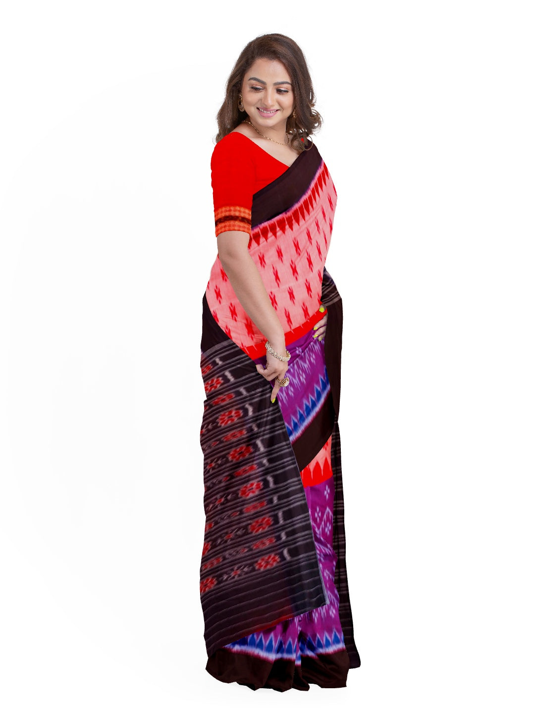 Pink and Purple half half Cotton Odisha Ikat saree with sambalpuri ikat blouse piece