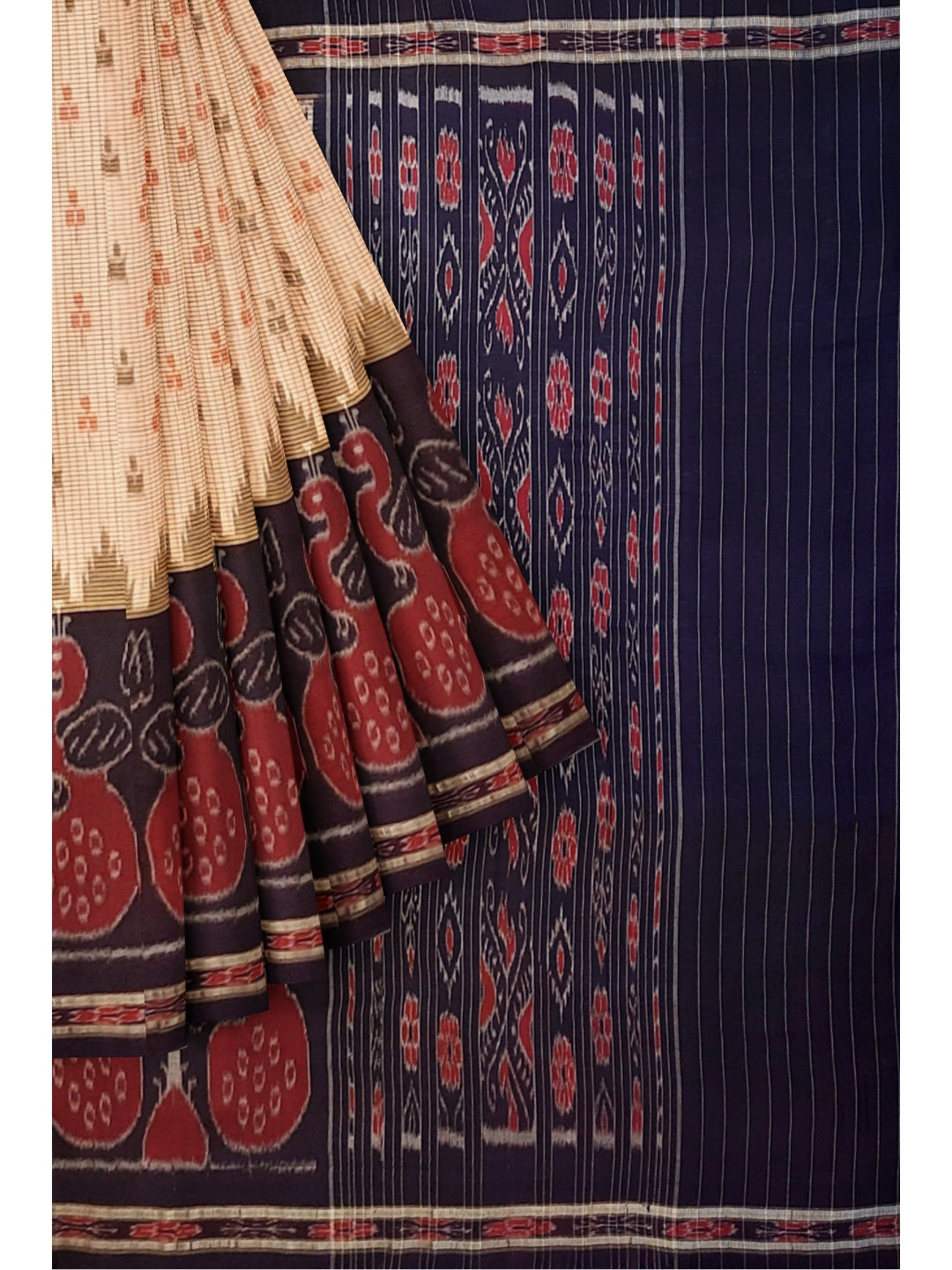 Beige Cotton Odisha Ikat saree with cotton Sambalpuri Ikat blouse piece