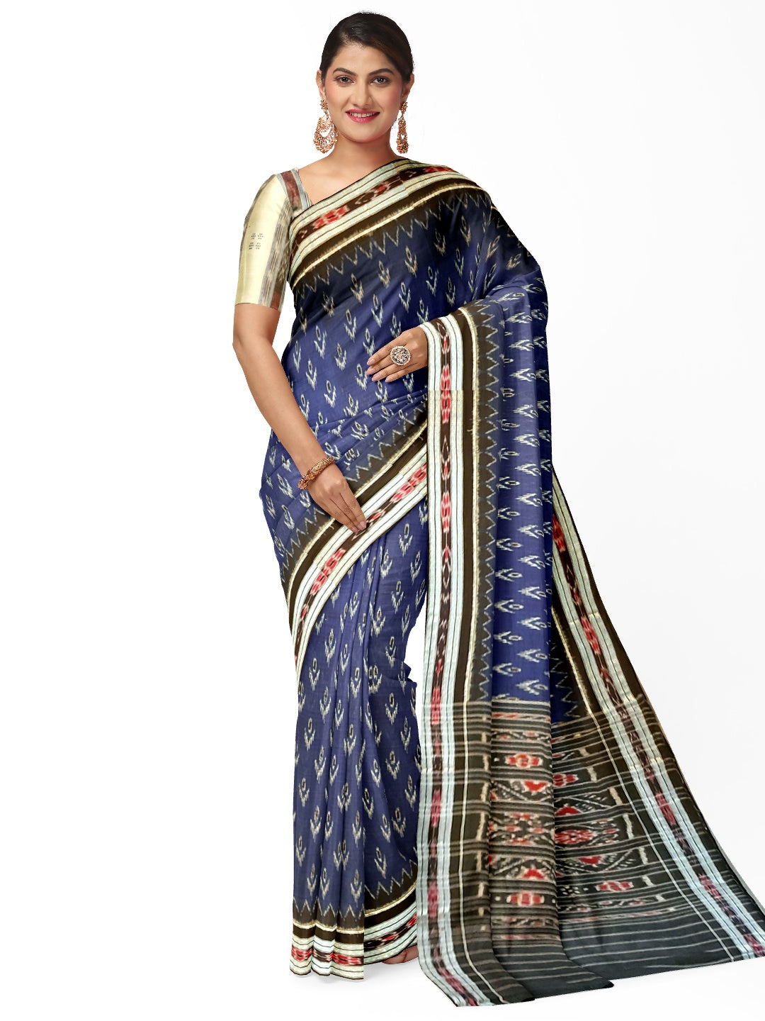 Blue and Black Cotton Odisha Ikat saree  with mix match cotton ikat blouse