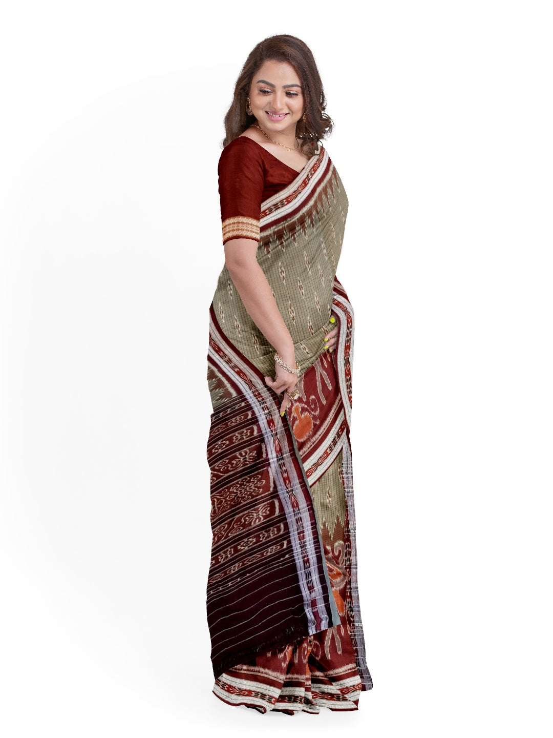 Grey wide border Cotton Odisha Ikat saree with mix match cotton ikat blouse piece