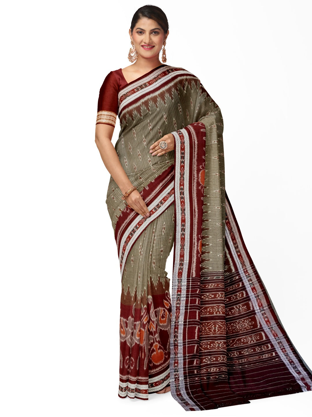 Grey wide border Cotton Odisha Ikat saree with mix match cotton ikat blouse piece
