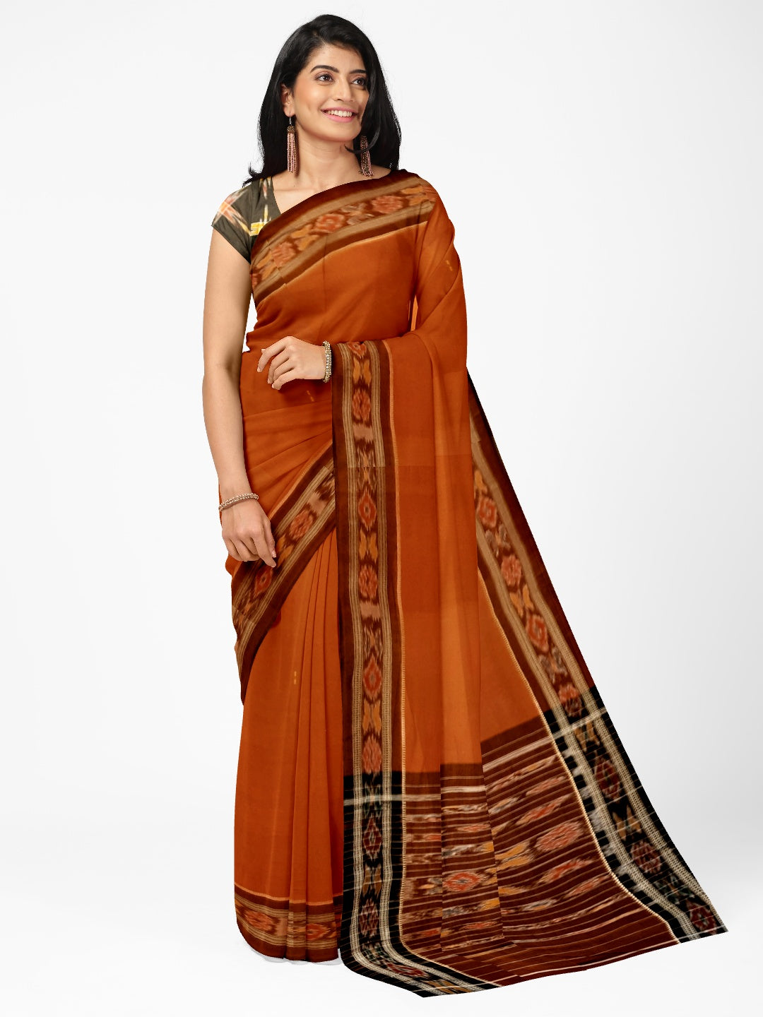 Rust Cotton Odisha Ikat saree  with mix match cotton ikat blouse
