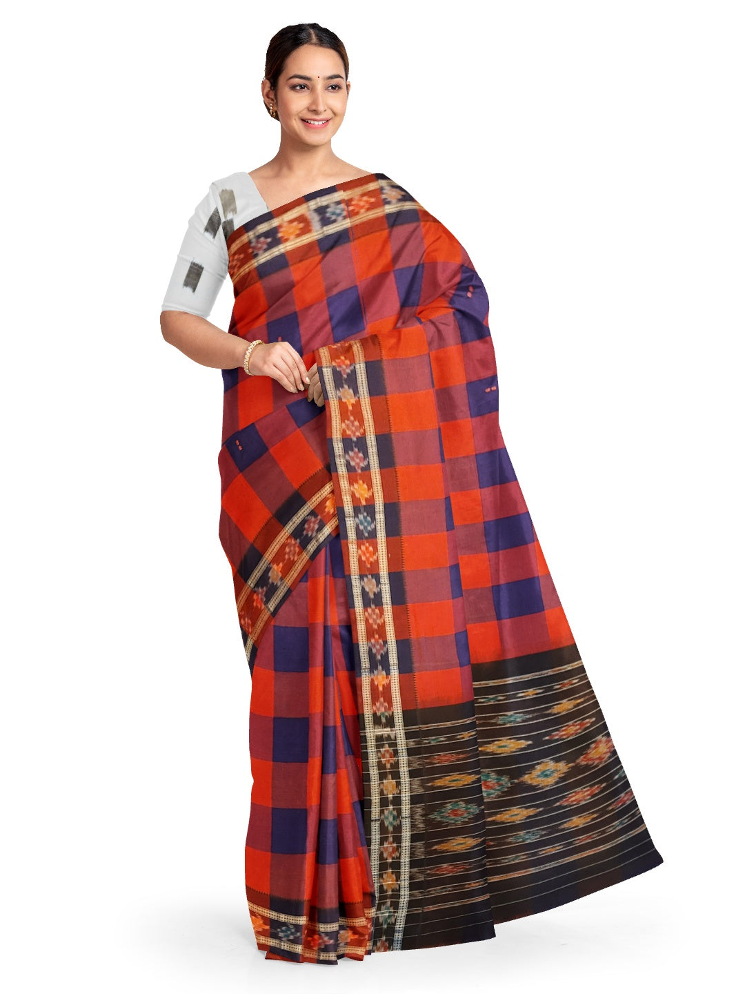 Checked Cotton Odisha Ikat saree  with mix match cotton ikat blouse