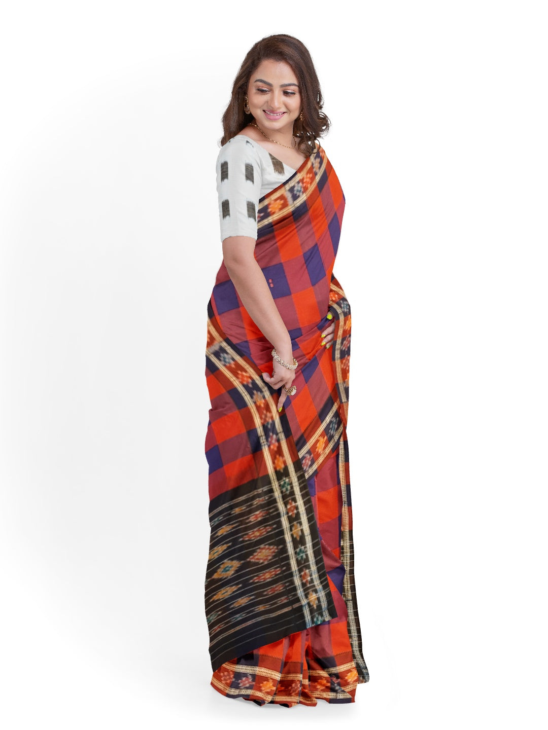 Checked Cotton Odisha Ikat saree  with mix match cotton ikat blouse