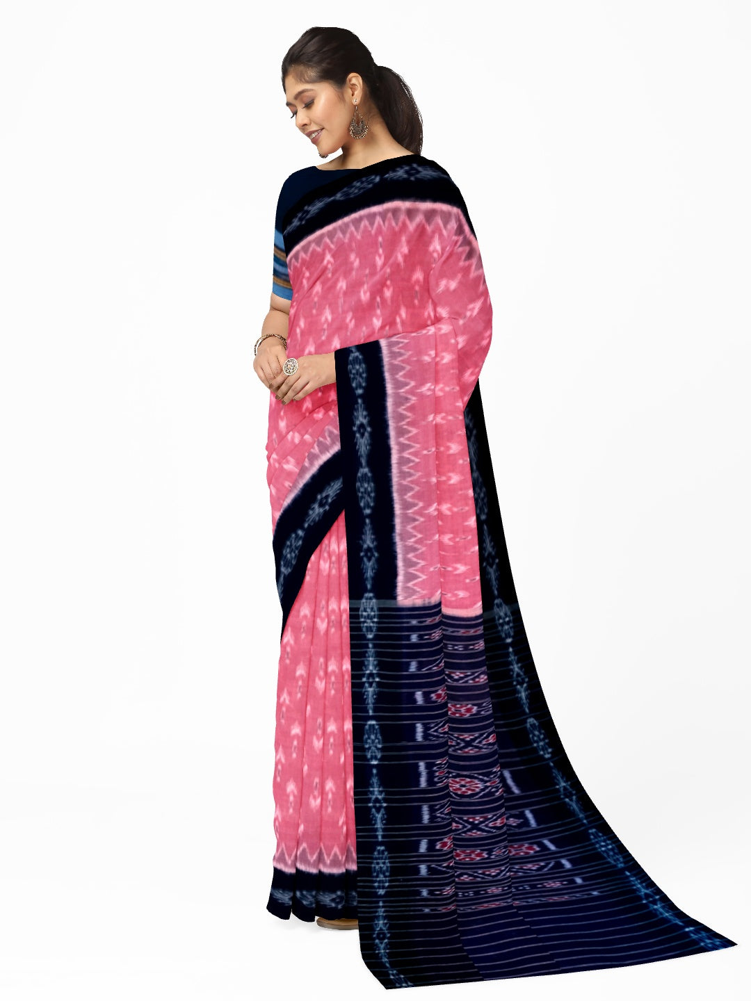 Pink and Black Cotton Odisha Ikat saree  with mix match cotton ikat blouse