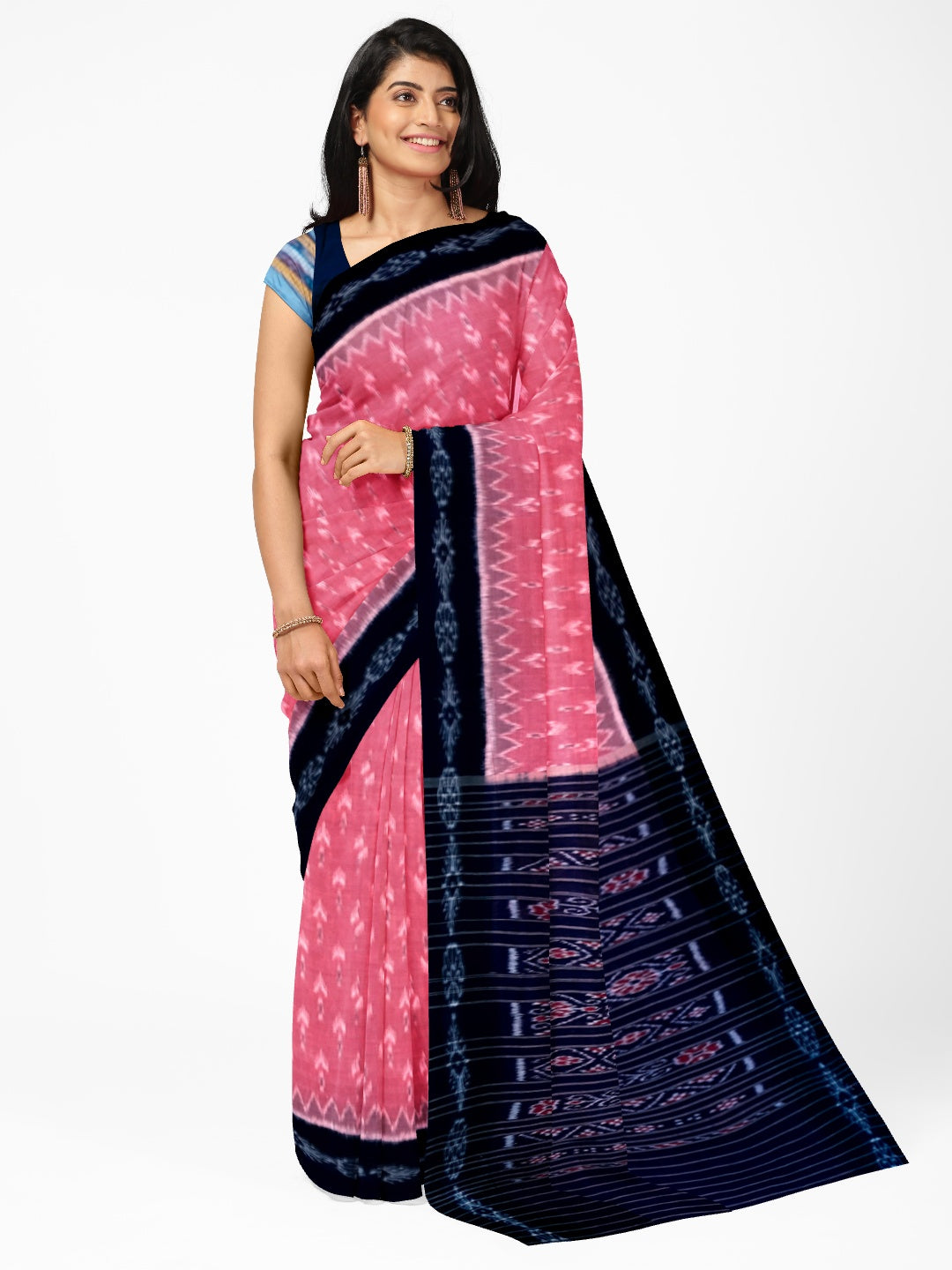 Pink and Black Cotton Odisha Ikat saree  with mix match cotton ikat blouse
