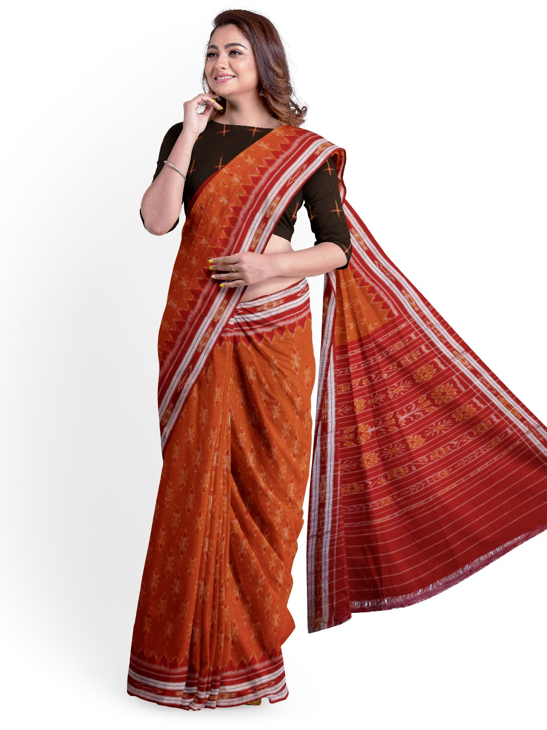 Orange with Red Cotton Odisha Ikat saree with cotton ikat blouse piece