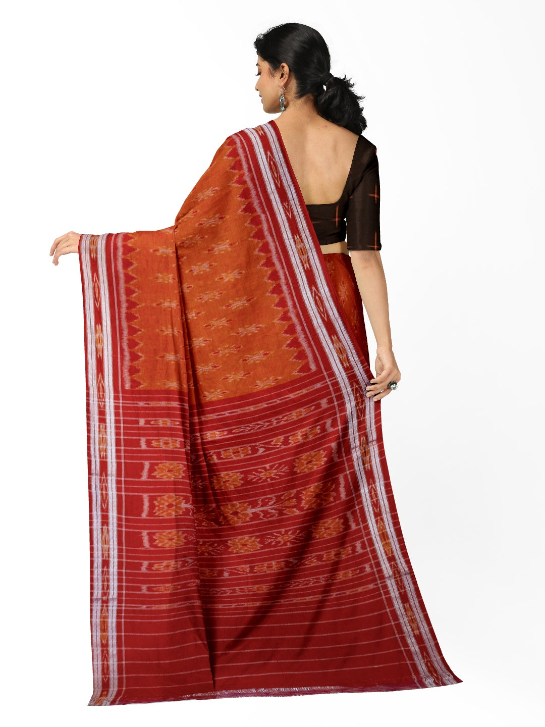 Orange with Red Cotton Odisha Ikat saree with cotton ikat blouse piece