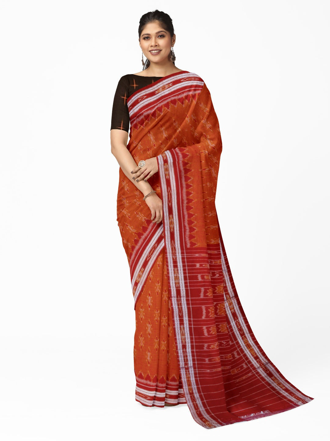 Orange with Red Cotton Odisha Ikat saree with cotton ikat blouse piece