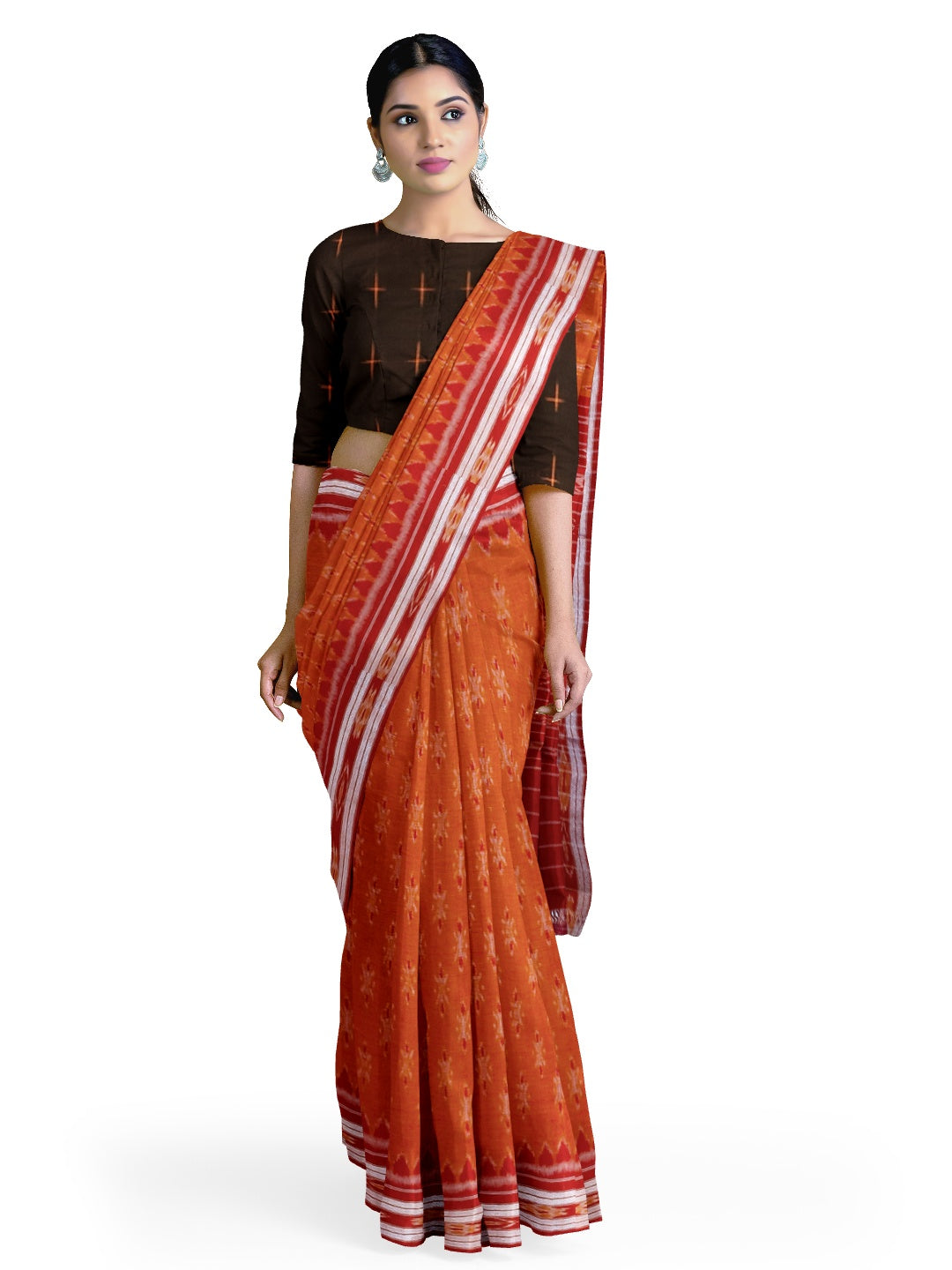 Orange with Red Cotton Odisha Ikat saree with cotton ikat blouse piece