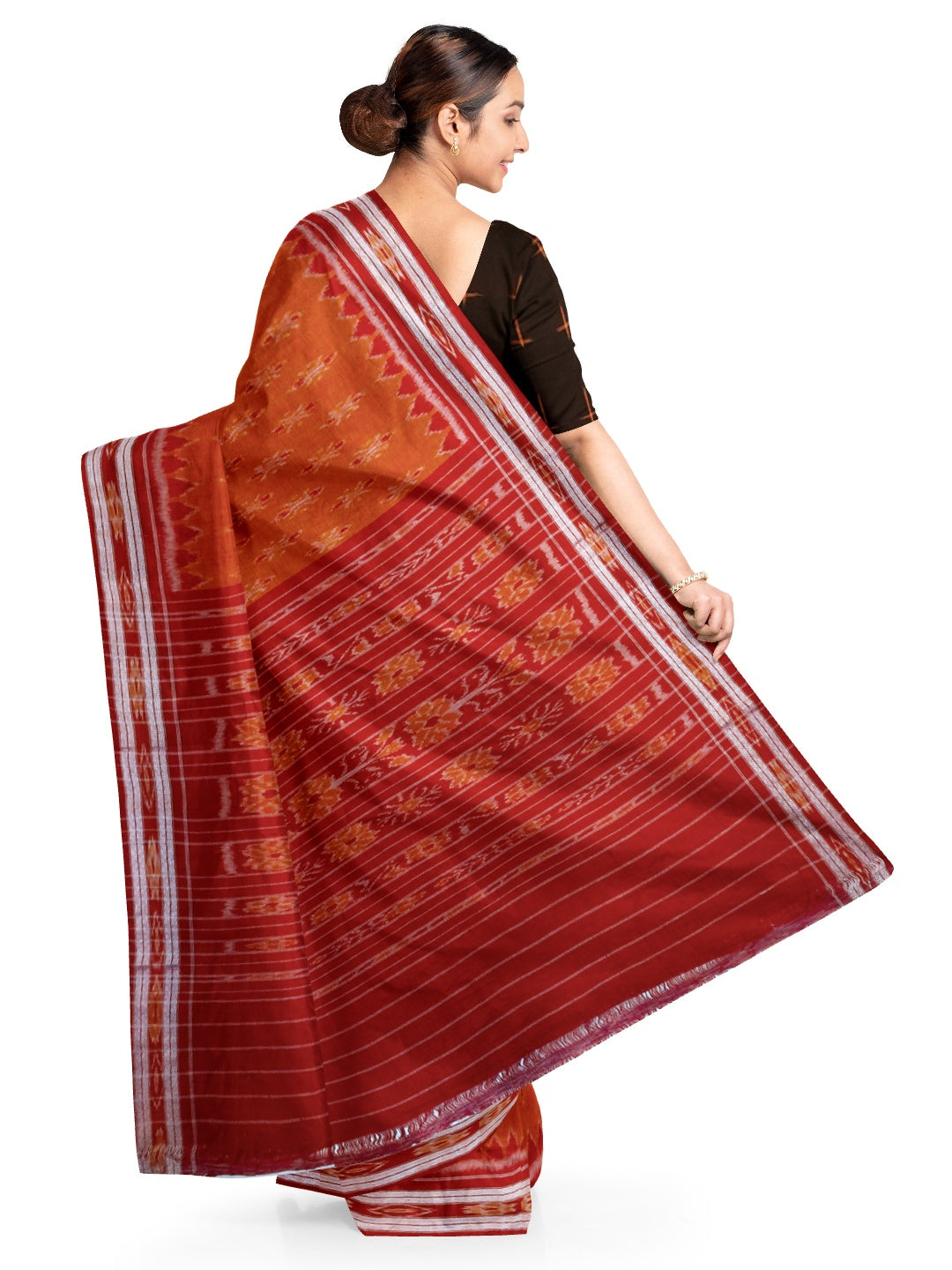 Orange with Red Cotton Odisha Ikat saree with cotton ikat blouse piece