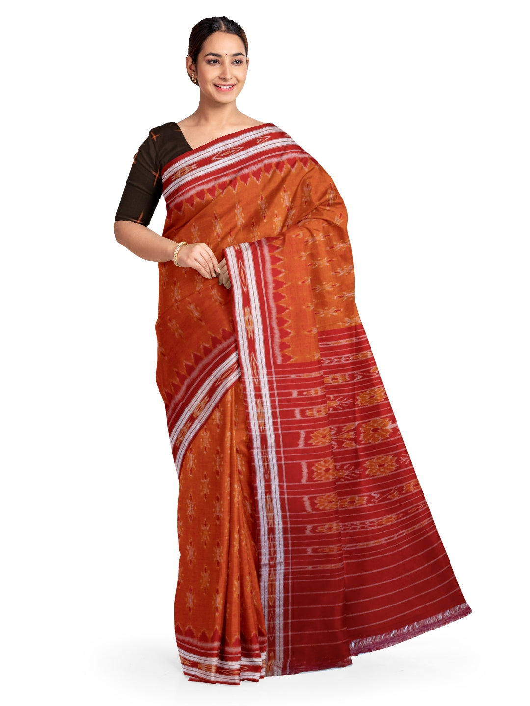 Orange with Red Cotton Odisha Ikat saree with cotton ikat blouse piece