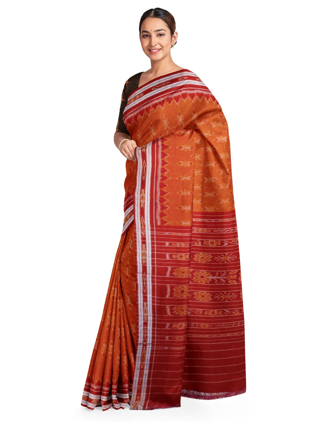 Orange with Red Cotton Odisha Ikat saree with cotton ikat blouse piece