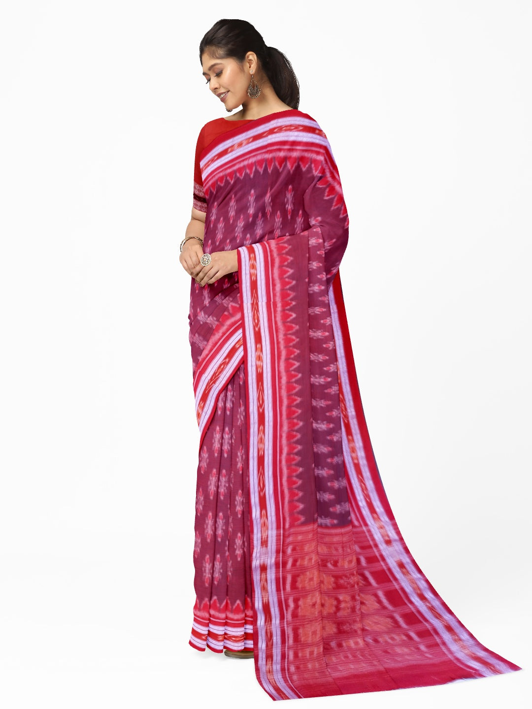 Brown and Red Cotton Odisha Ikat saree  with mix match cotton ikat blouse