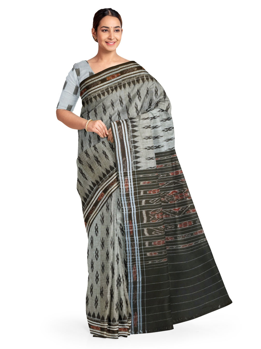Grey and black Cotton Odisha Ikat saree  with mix match cotton ikat blouse