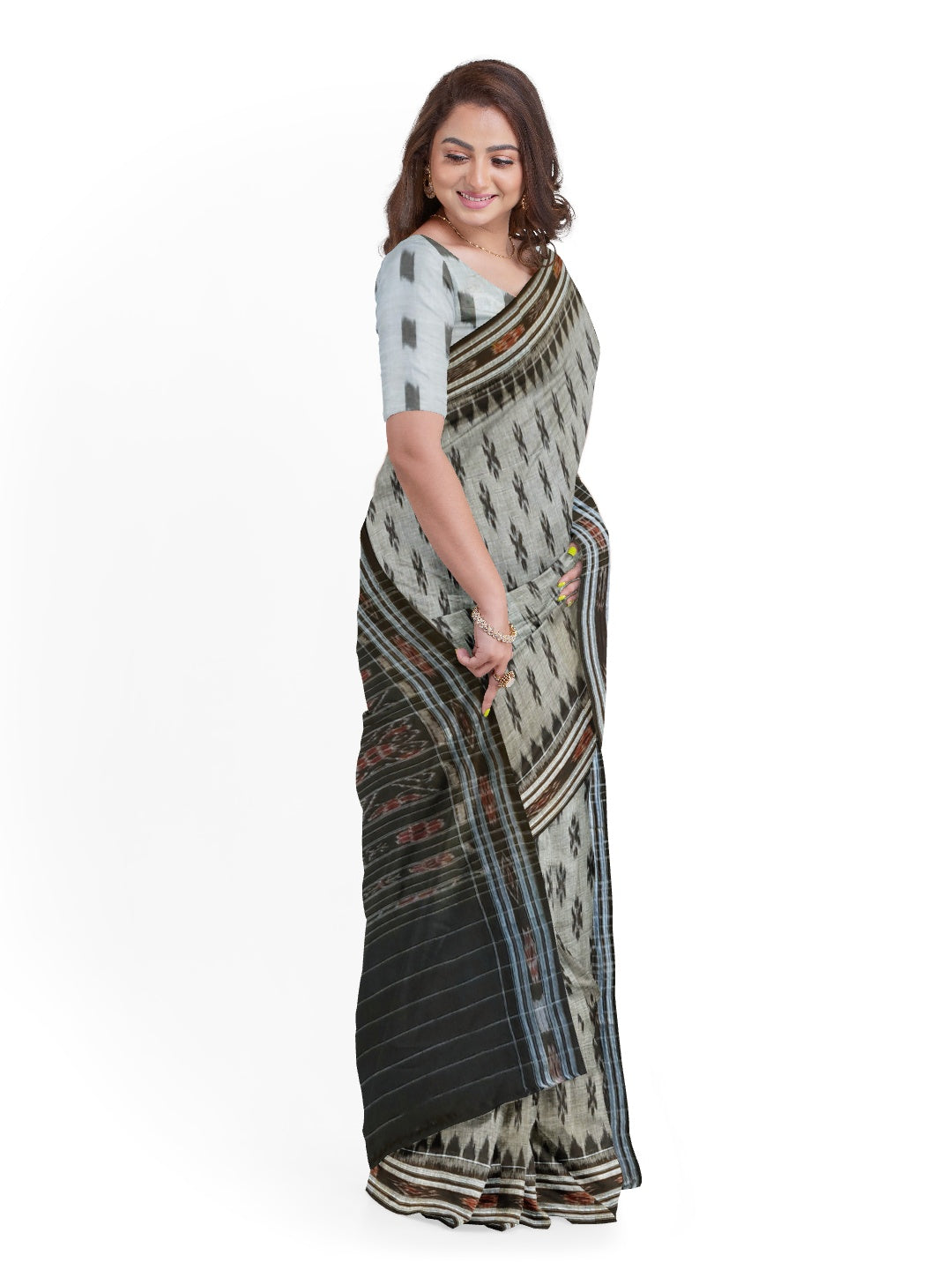 Grey and black Cotton Odisha Ikat saree  with mix match cotton ikat blouse