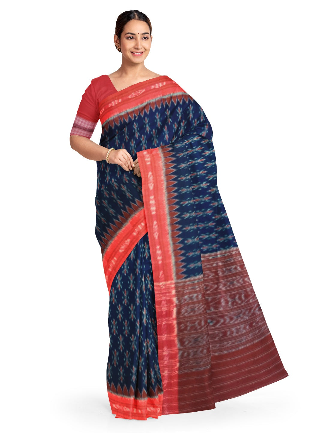 Blue and Red Cotton Odisha Ikat saree  with mix match cotton ikat blouse