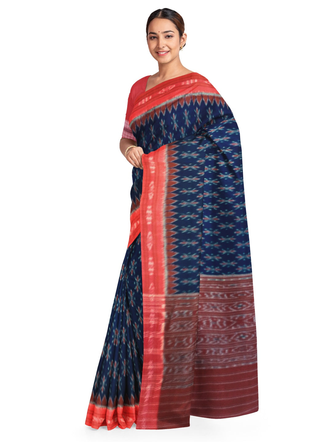 Blue and Red Cotton Odisha Ikat saree  with mix match cotton ikat blouse