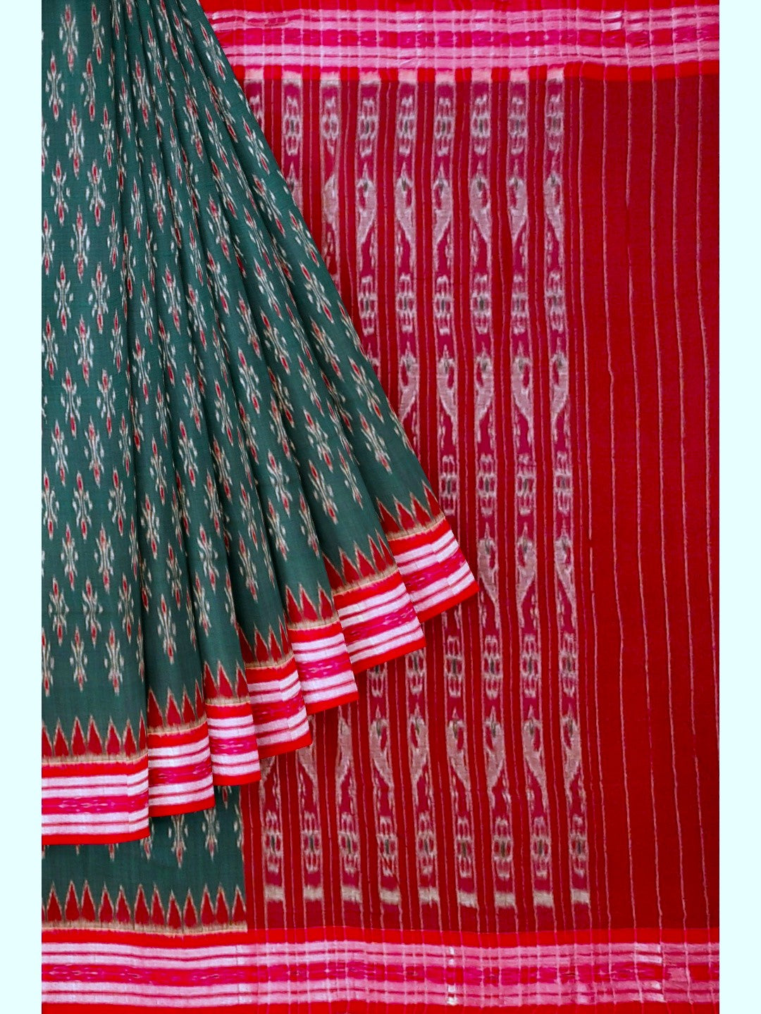 Green and Red Cotton Odisha Ikat saree  with mix match cotton ikat blouse