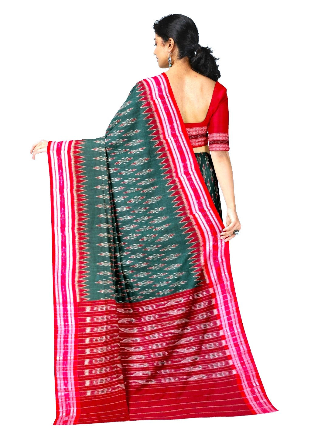Green and Red Cotton Odisha Ikat saree  with mix match cotton ikat blouse