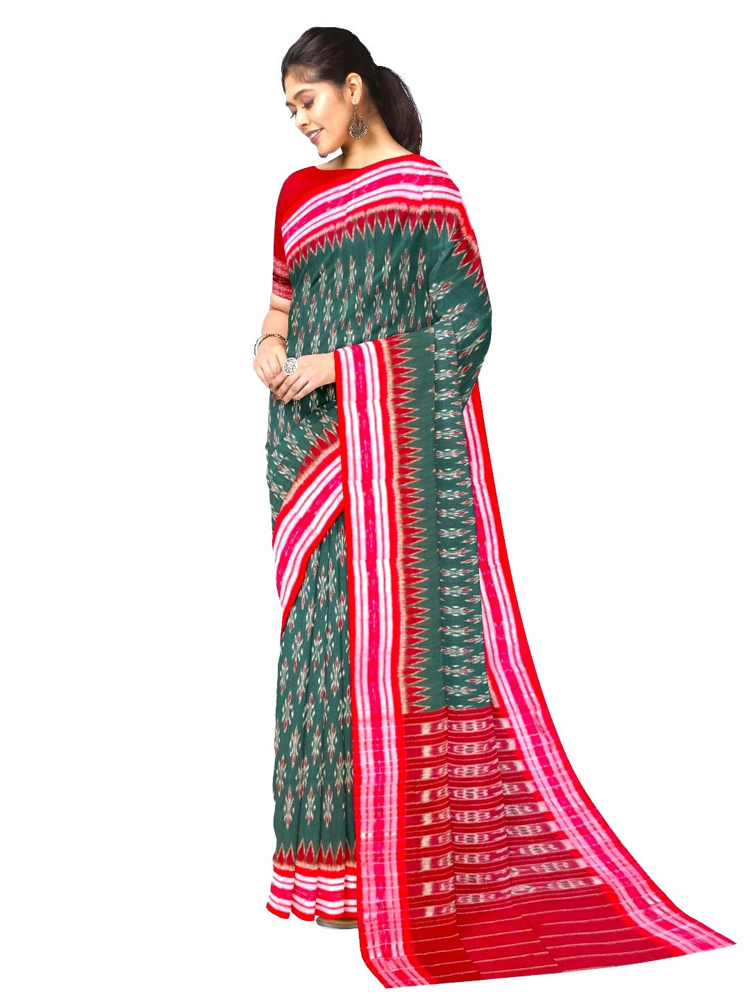 Green and Red Cotton Odisha Ikat saree  with mix match cotton ikat blouse