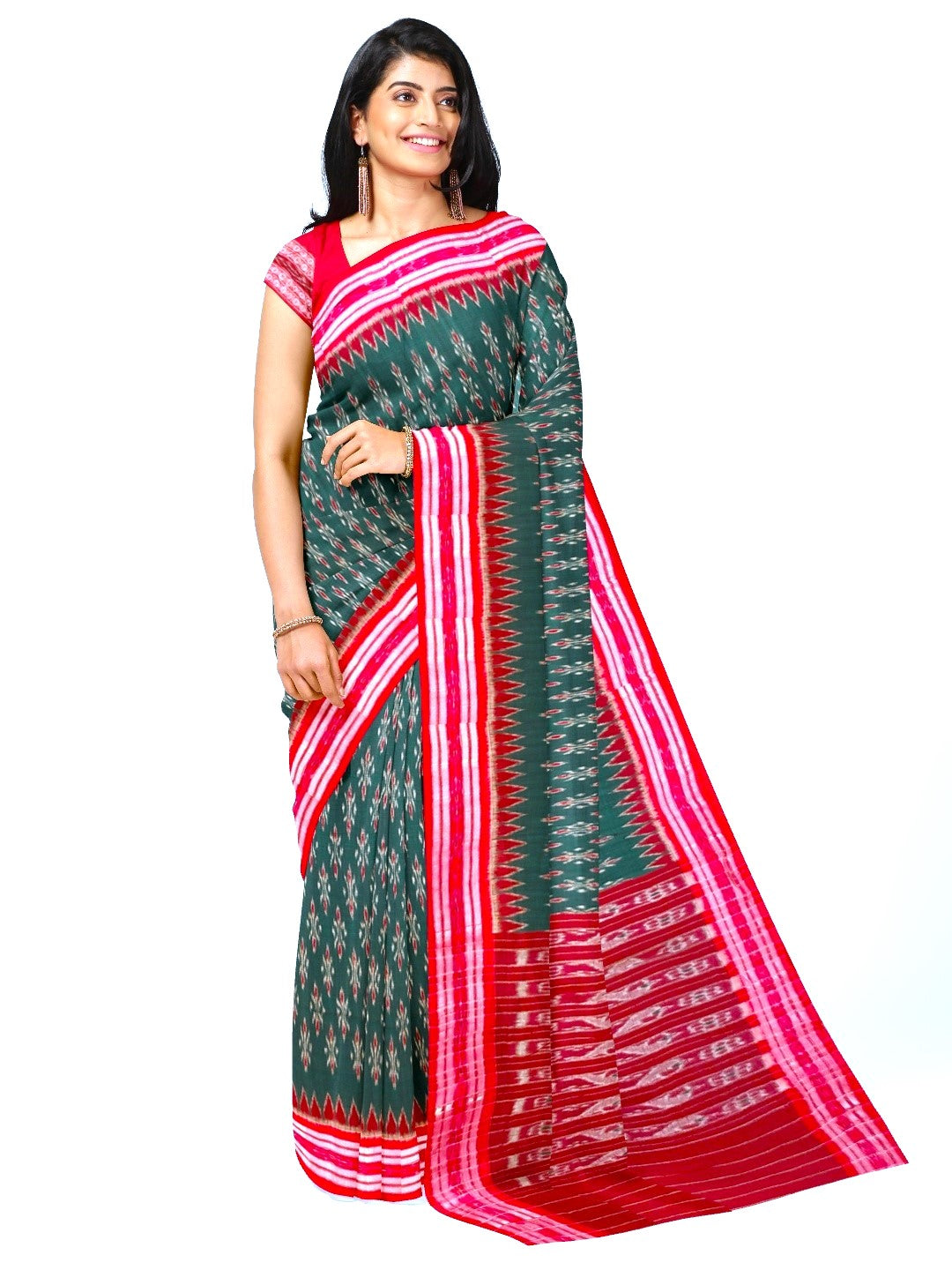 Green and Red Cotton Odisha Ikat saree  with mix match cotton ikat blouse