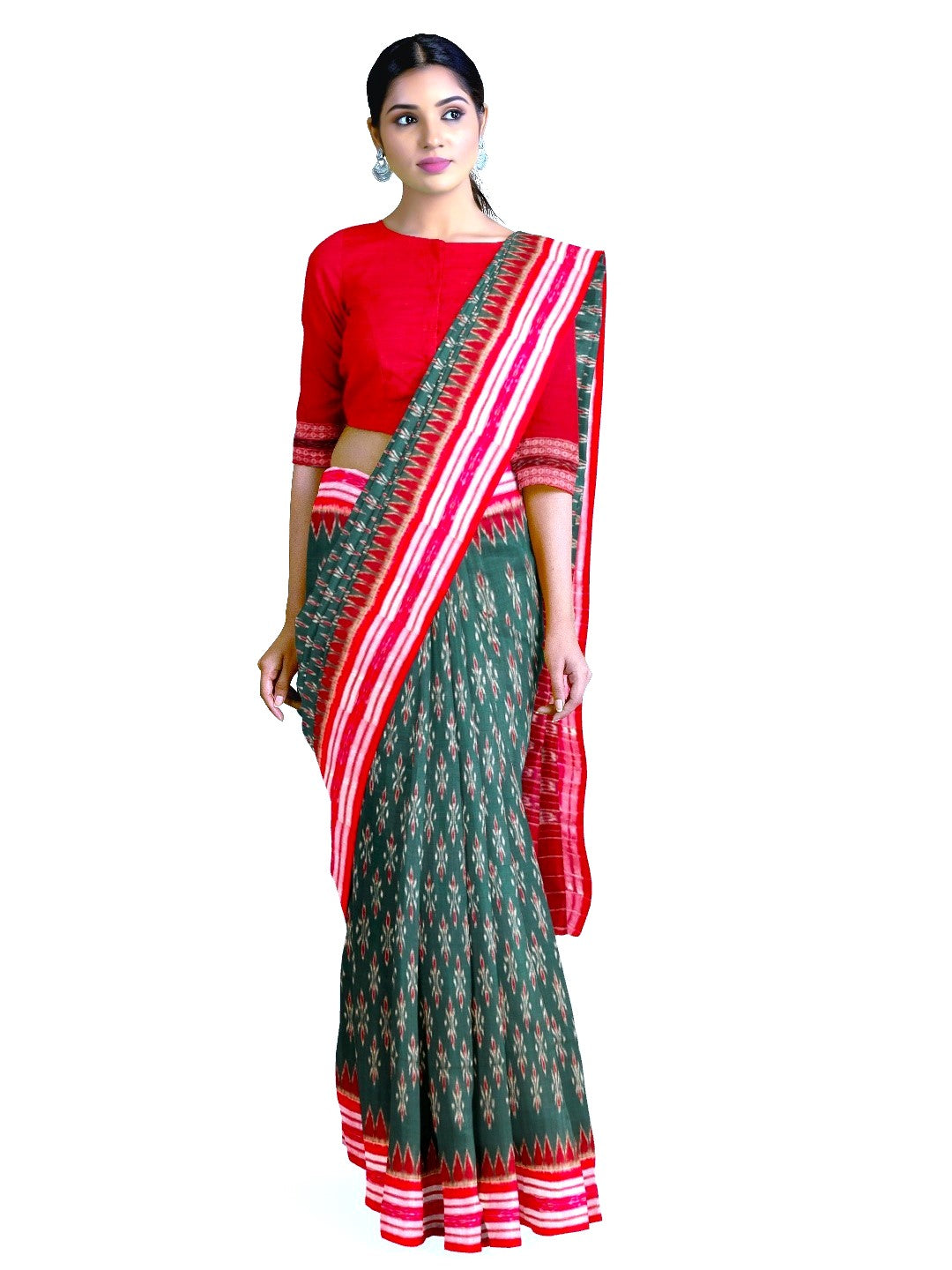 Green and Red Cotton Odisha Ikat saree  with mix match cotton ikat blouse