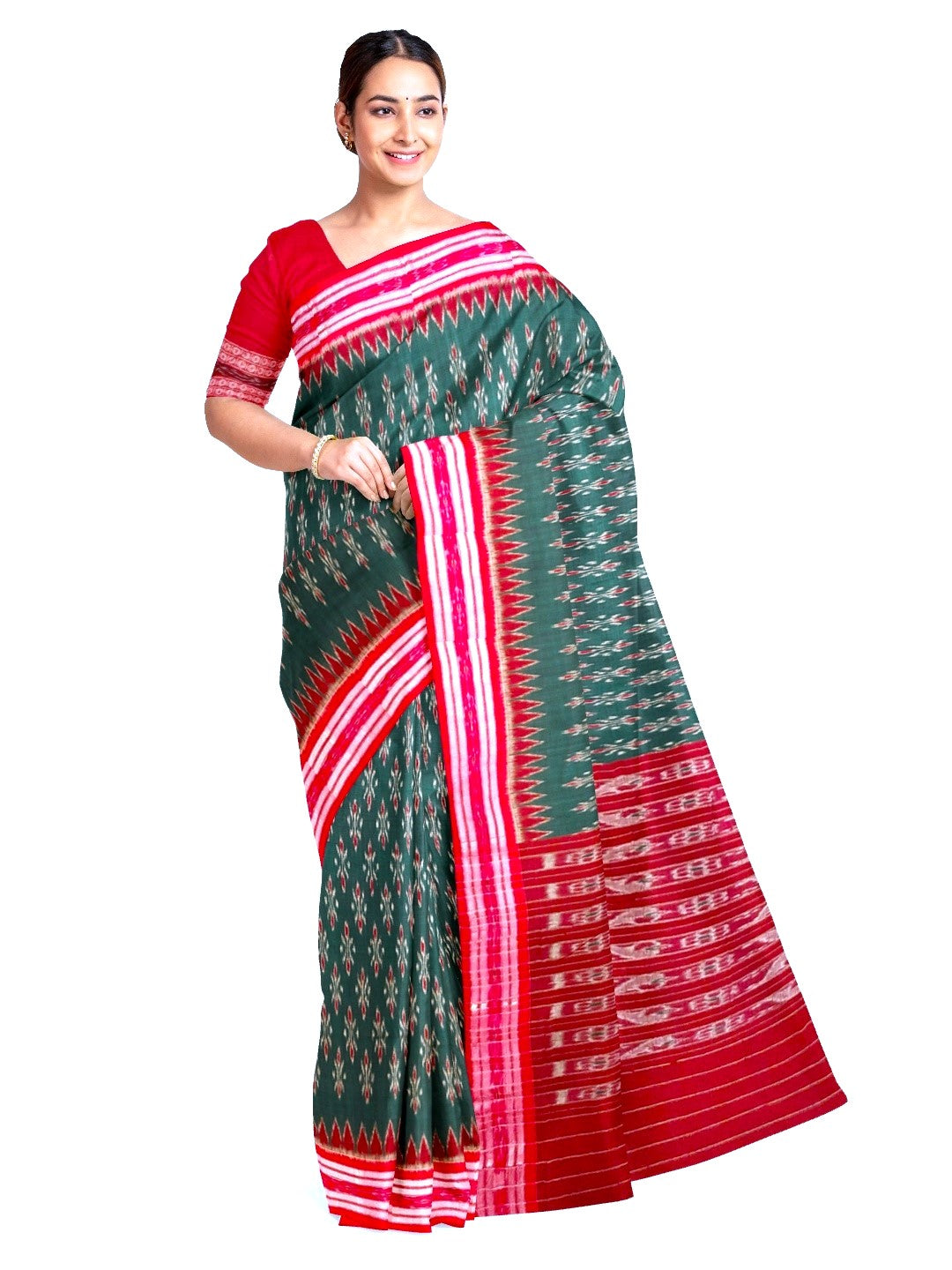 Green and Red Cotton Odisha Ikat saree  with mix match cotton ikat blouse