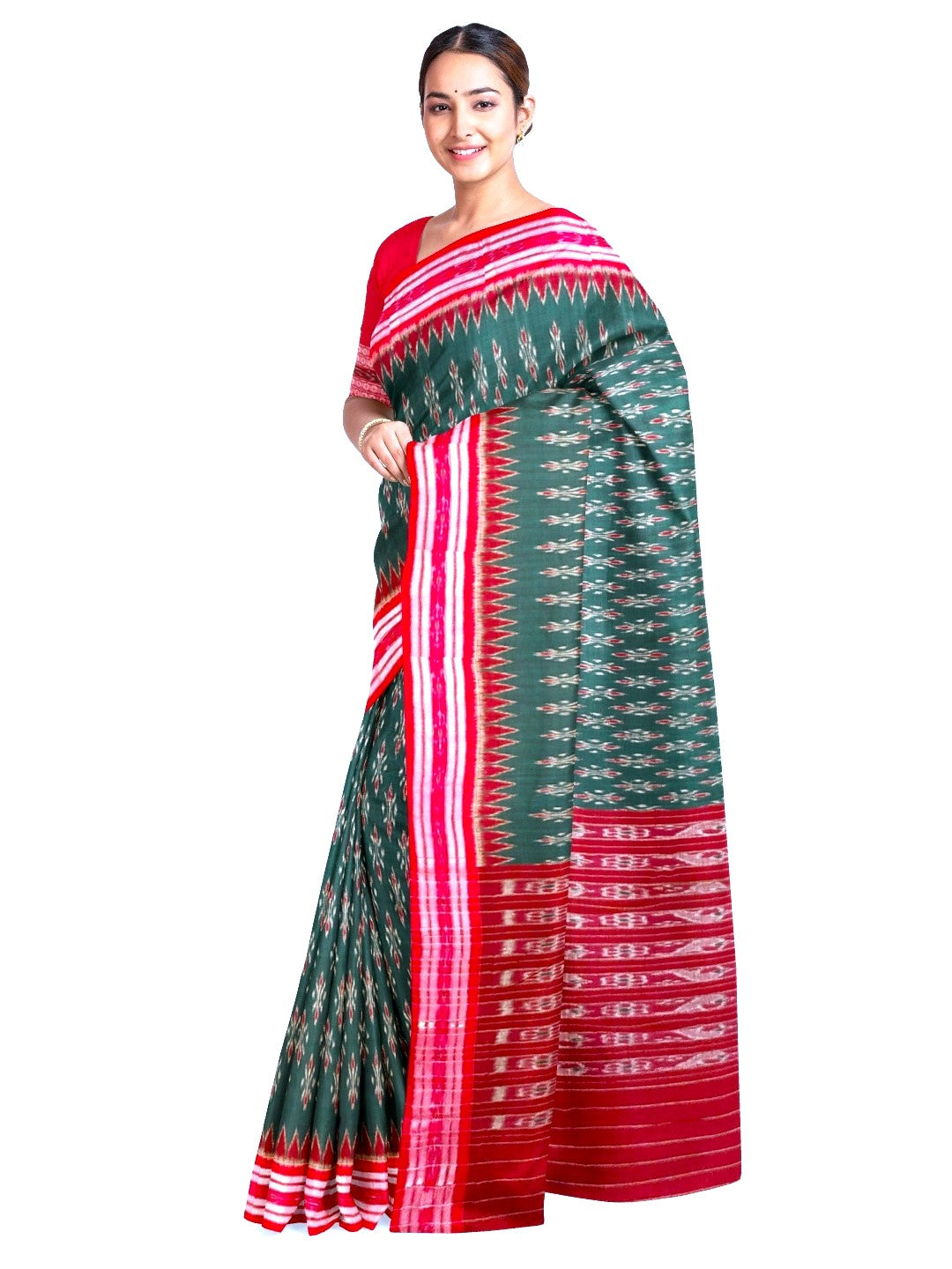 Green and Red Cotton Odisha Ikat saree  with mix match cotton ikat blouse