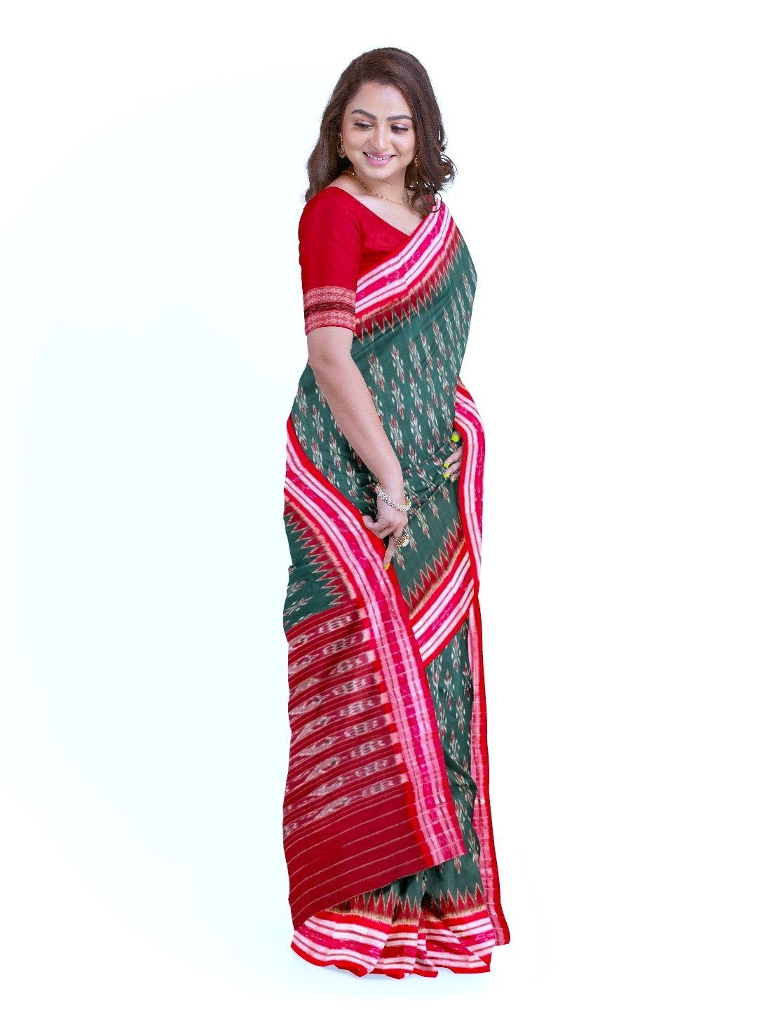 Green and Red Cotton Odisha Ikat saree  with mix match cotton ikat blouse