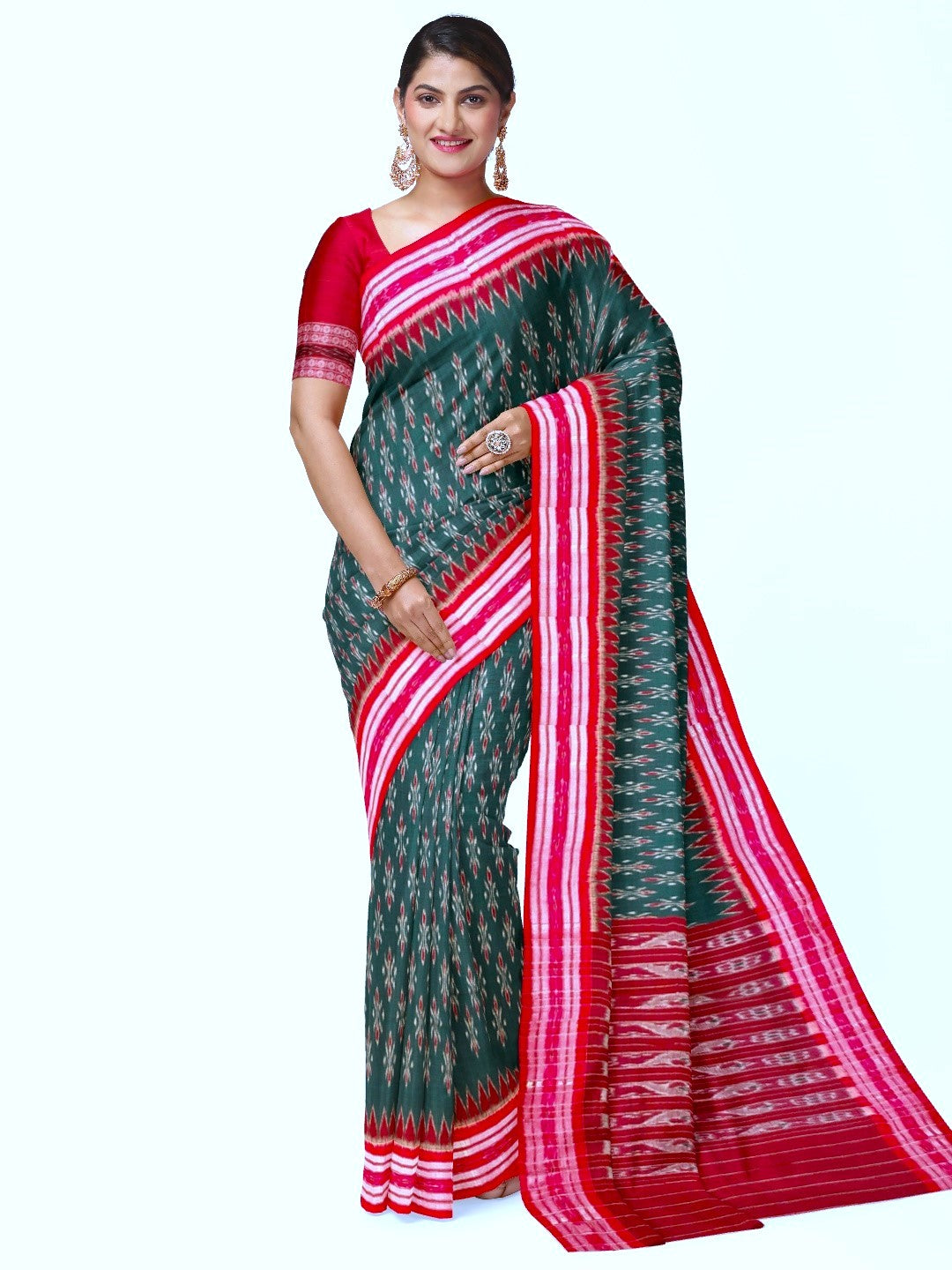 Green and Red Cotton Odisha Ikat saree  with mix match cotton ikat blouse