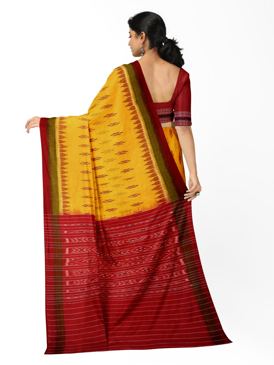 Yellow Red Cotton Odisha Ikat saree  with mix match cotton ikat blouse