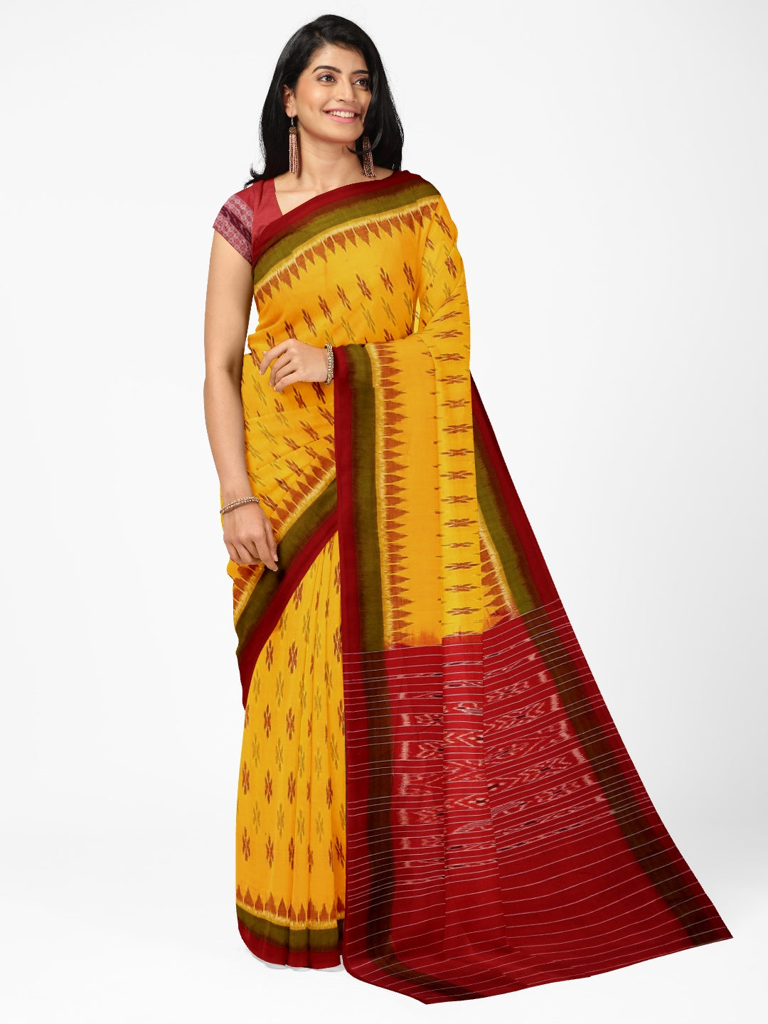 Yellow Red Cotton Odisha Ikat saree  with mix match cotton ikat blouse