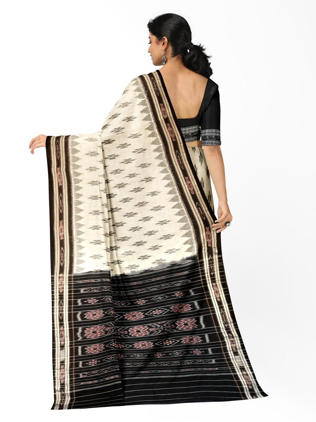 White and Black Cotton Odisha Ikat saree  with mix match cotton ikat blouse