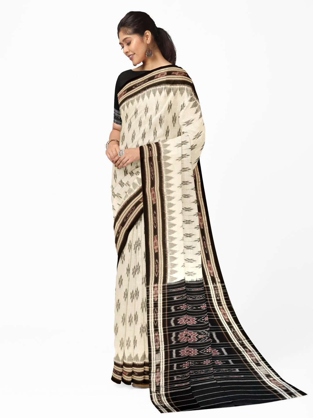 White and Black Cotton Odisha Ikat saree  with mix match cotton ikat blouse
