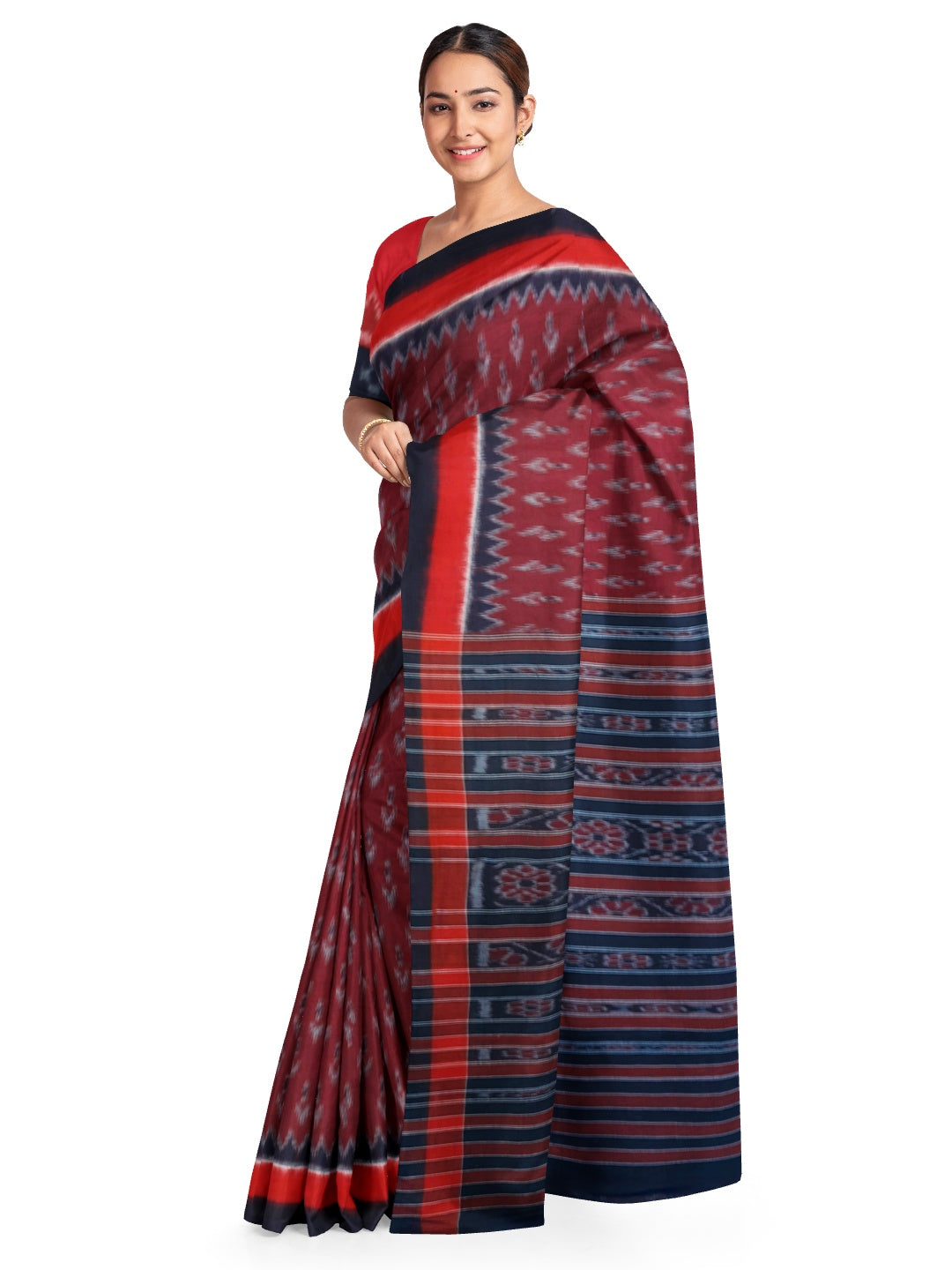 Maroon Cotton Odisha Ikat saree  with mix match cotton ikat blouse