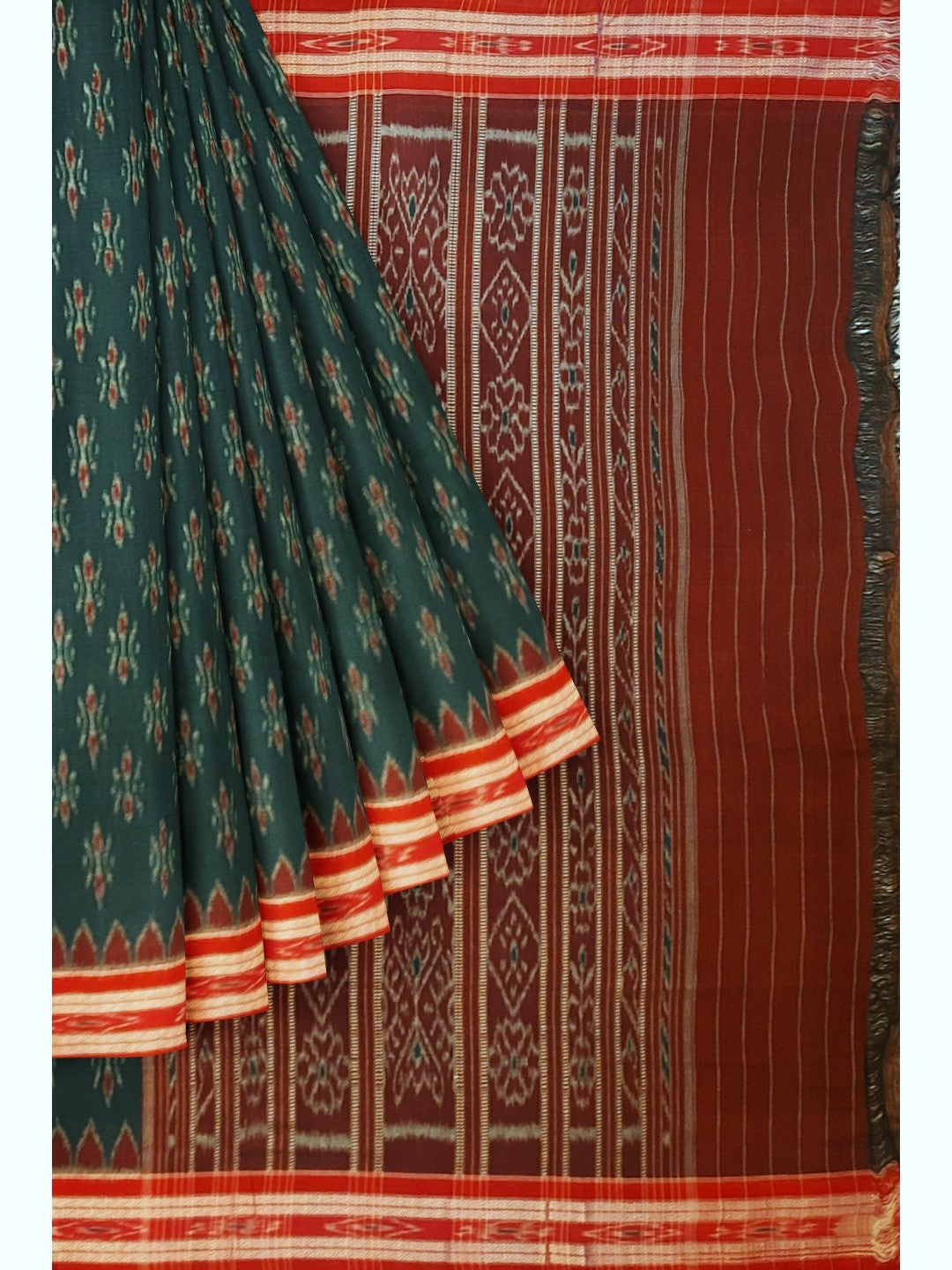 Green and Red Cotton Odisha Ikat saree  with mix match cotton ikat blouse piece
