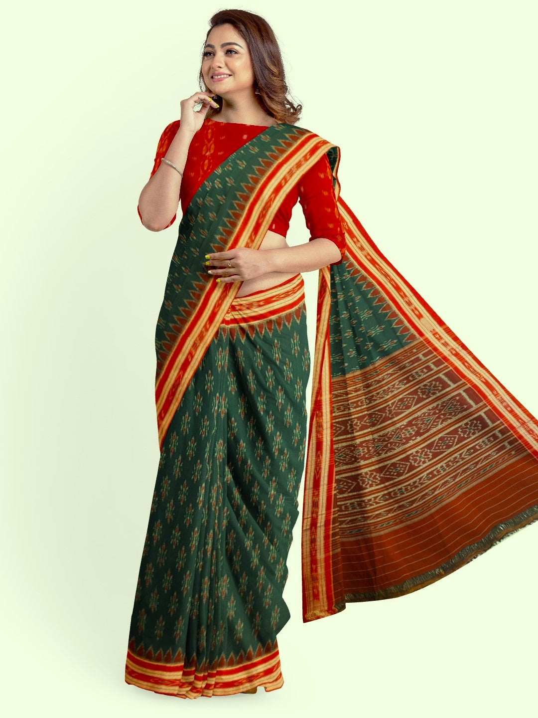Green and Red Cotton Odisha Ikat saree  with mix match cotton ikat blouse piece