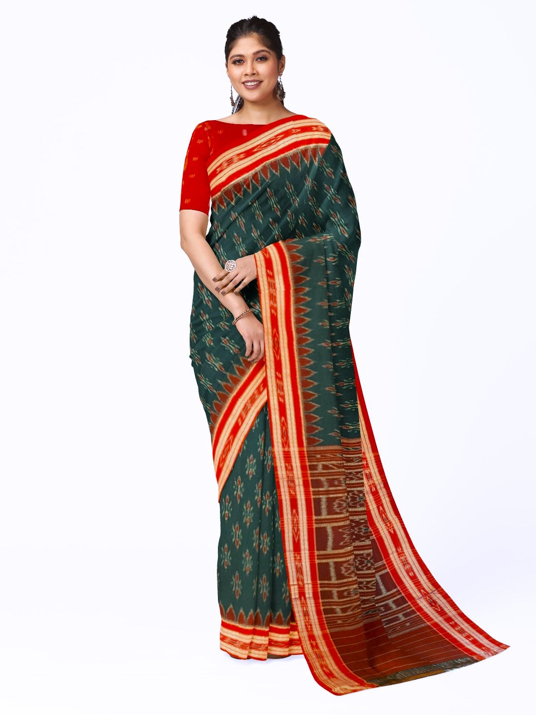 Green and Red Cotton Odisha Ikat saree  with mix match cotton ikat blouse piece